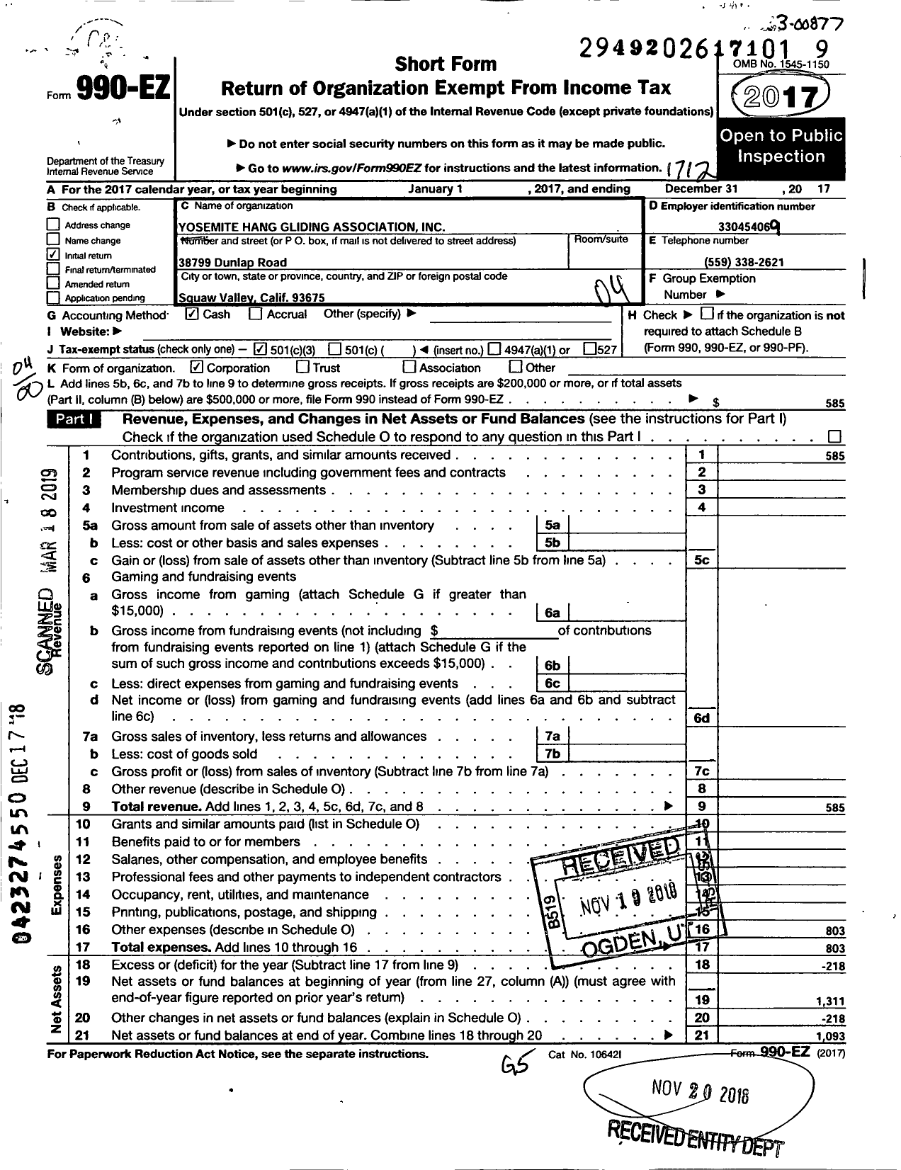 Image of first page of 2017 Form 990EO for Yosemite Hang Gliding Association