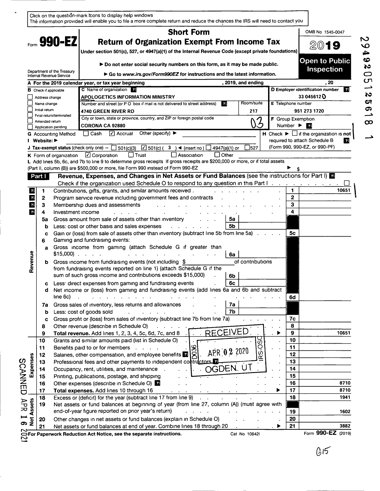 Image of first page of 2019 Form 990EZ for Apologetics Information Ministry