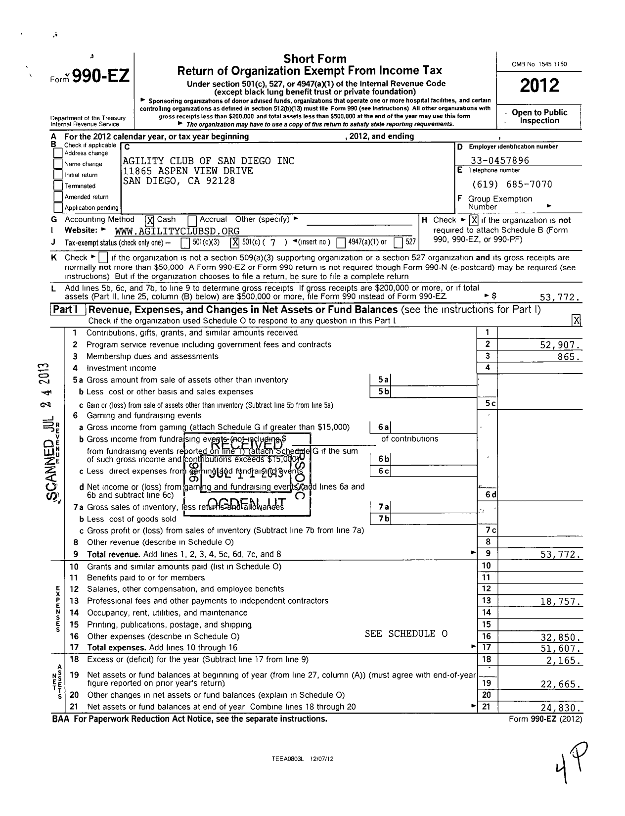 Image of first page of 2012 Form 990EO for Agility Club of San Diego