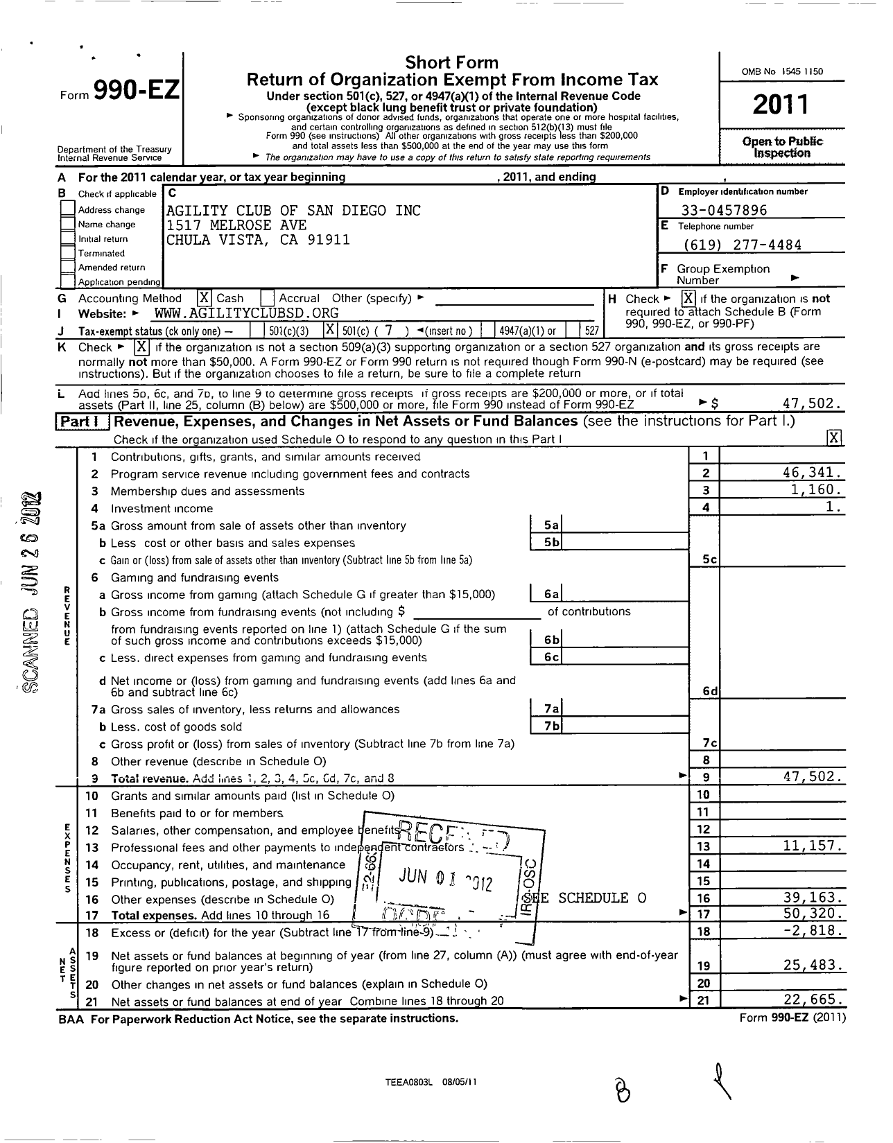 Image of first page of 2011 Form 990EO for Agility Club of San Diego