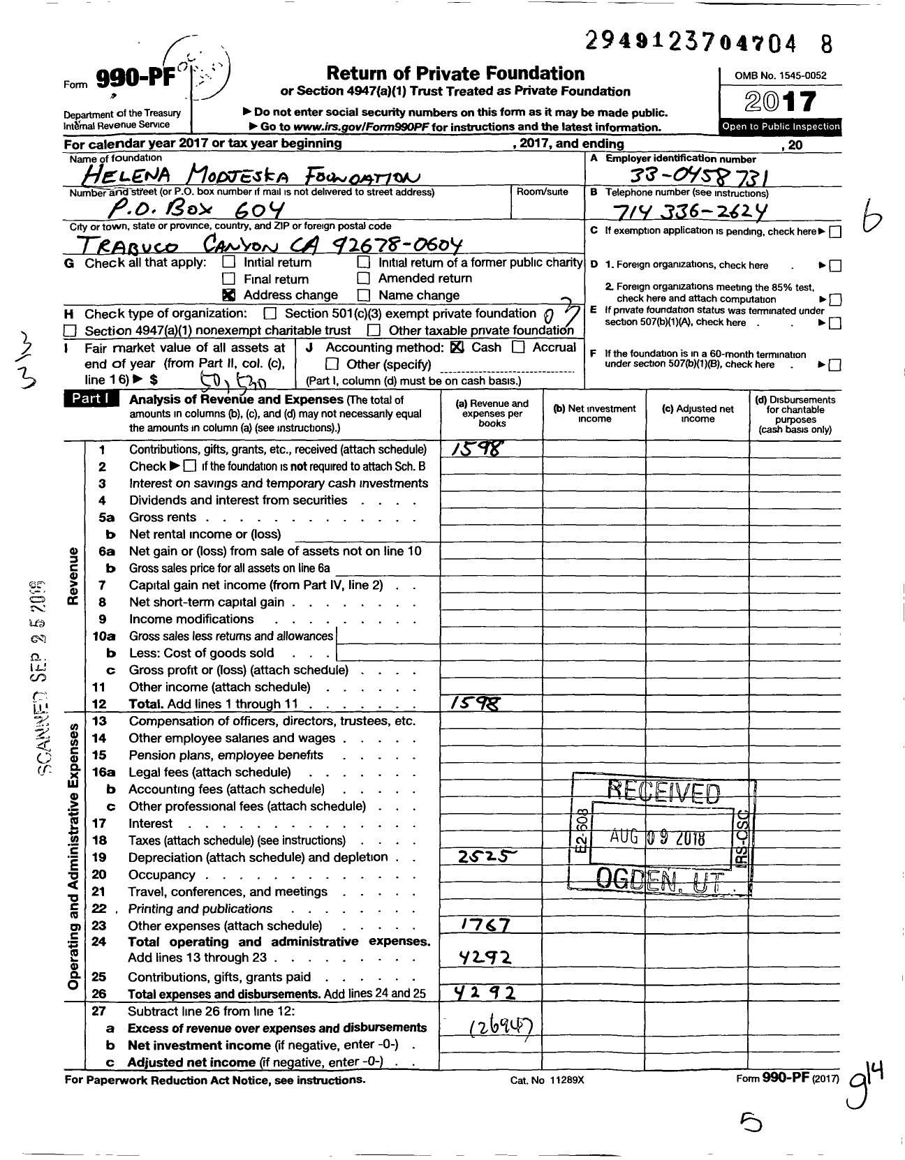 Image of first page of 2017 Form 990PF for Helena Modjeska Foundation