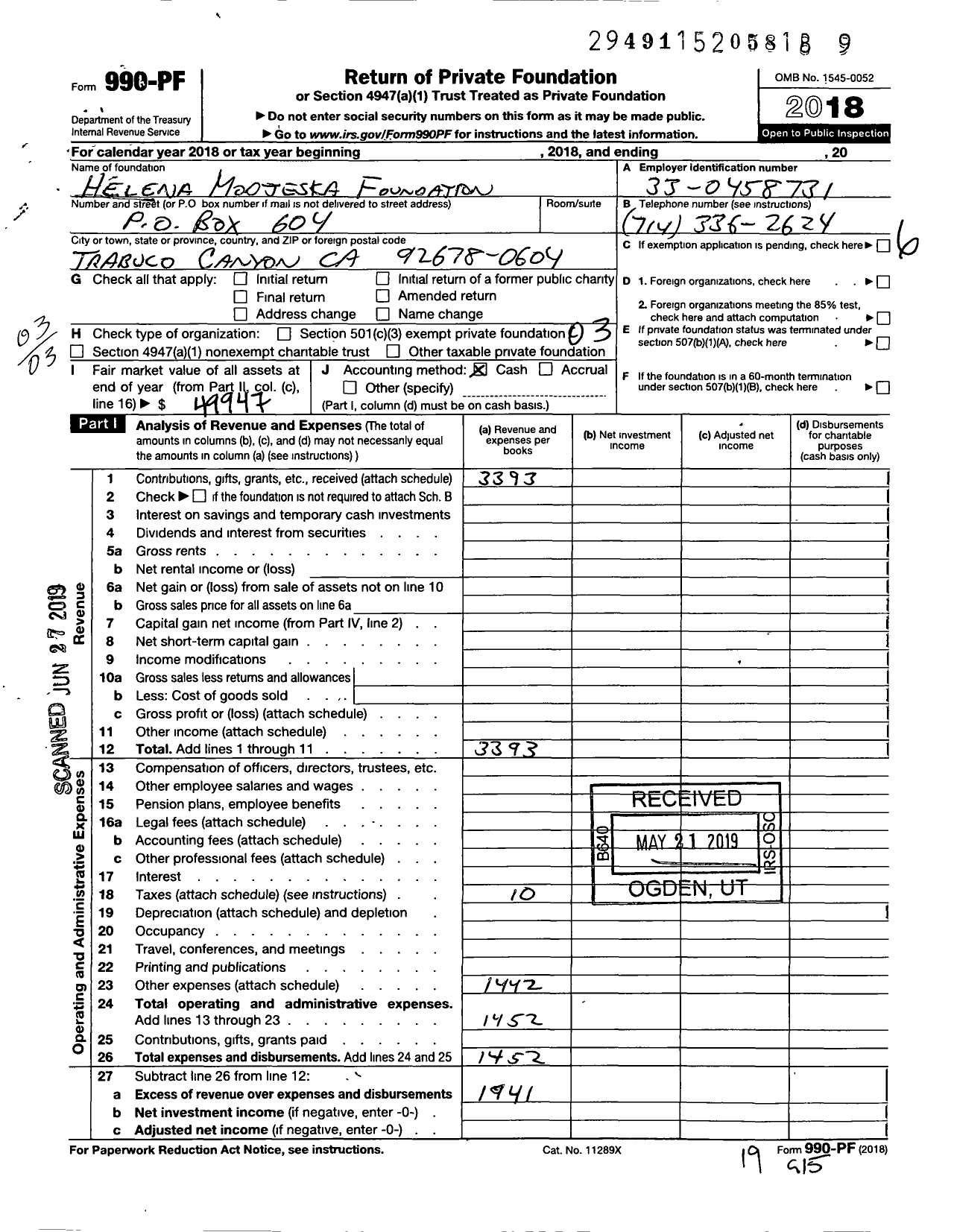 Image of first page of 2018 Form 990PF for Helena Modjeska Foundation