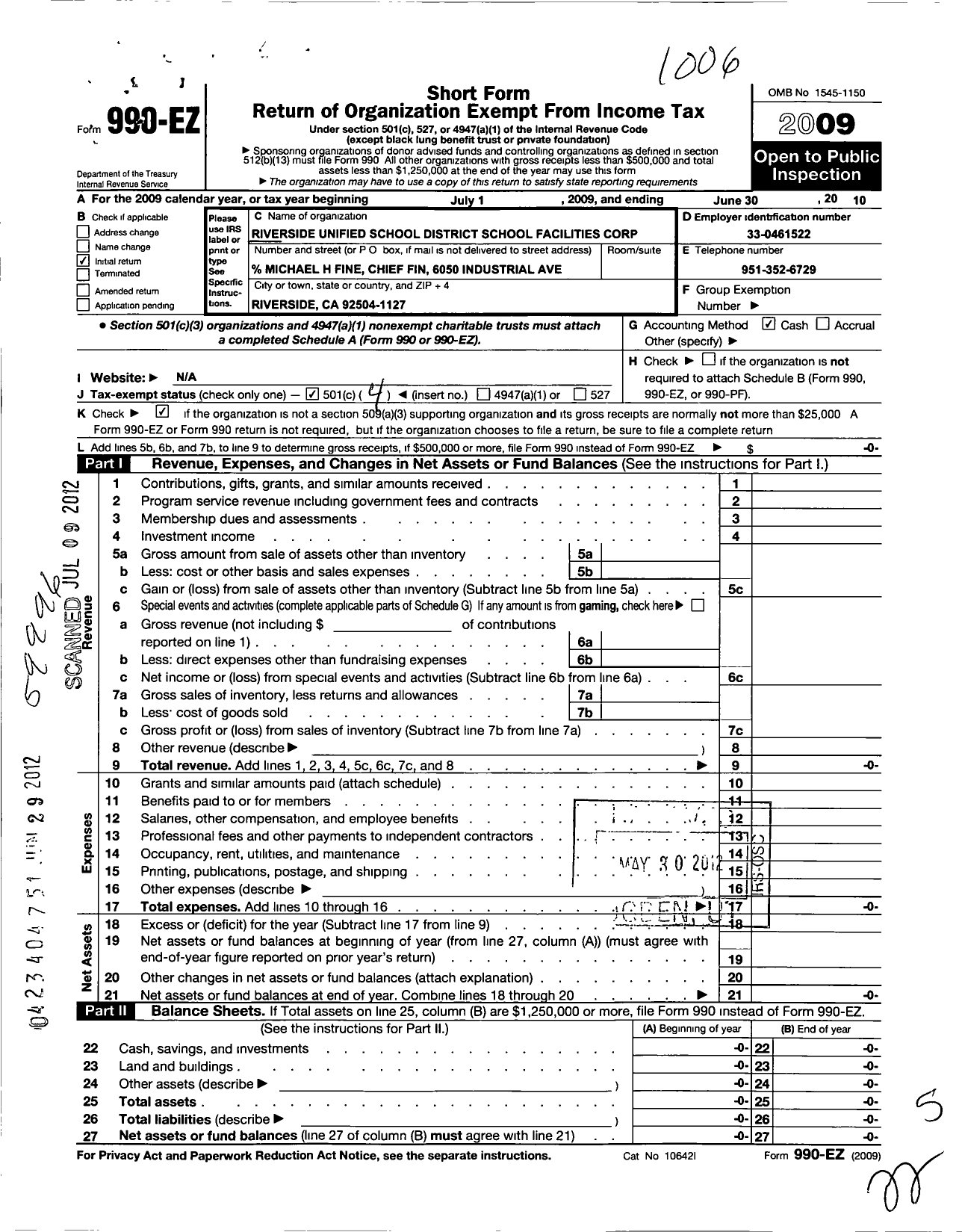 Image of first page of 2009 Form 990EO for Riverside Unified School District School Facilities Corporation