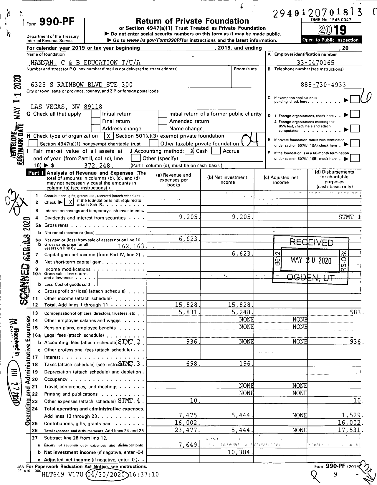 Image of first page of 2019 Form 990PR for Hannan C and B Education Tua