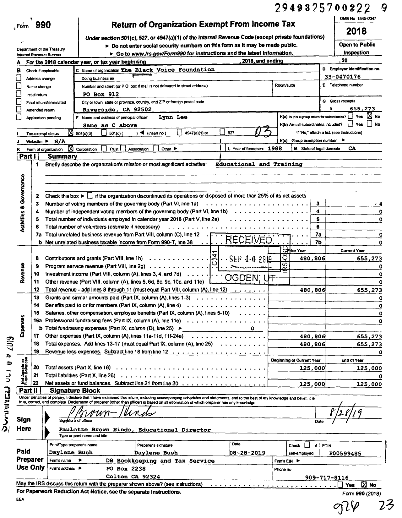 Image of first page of 2018 Form 990 for The Black Voice Foundation