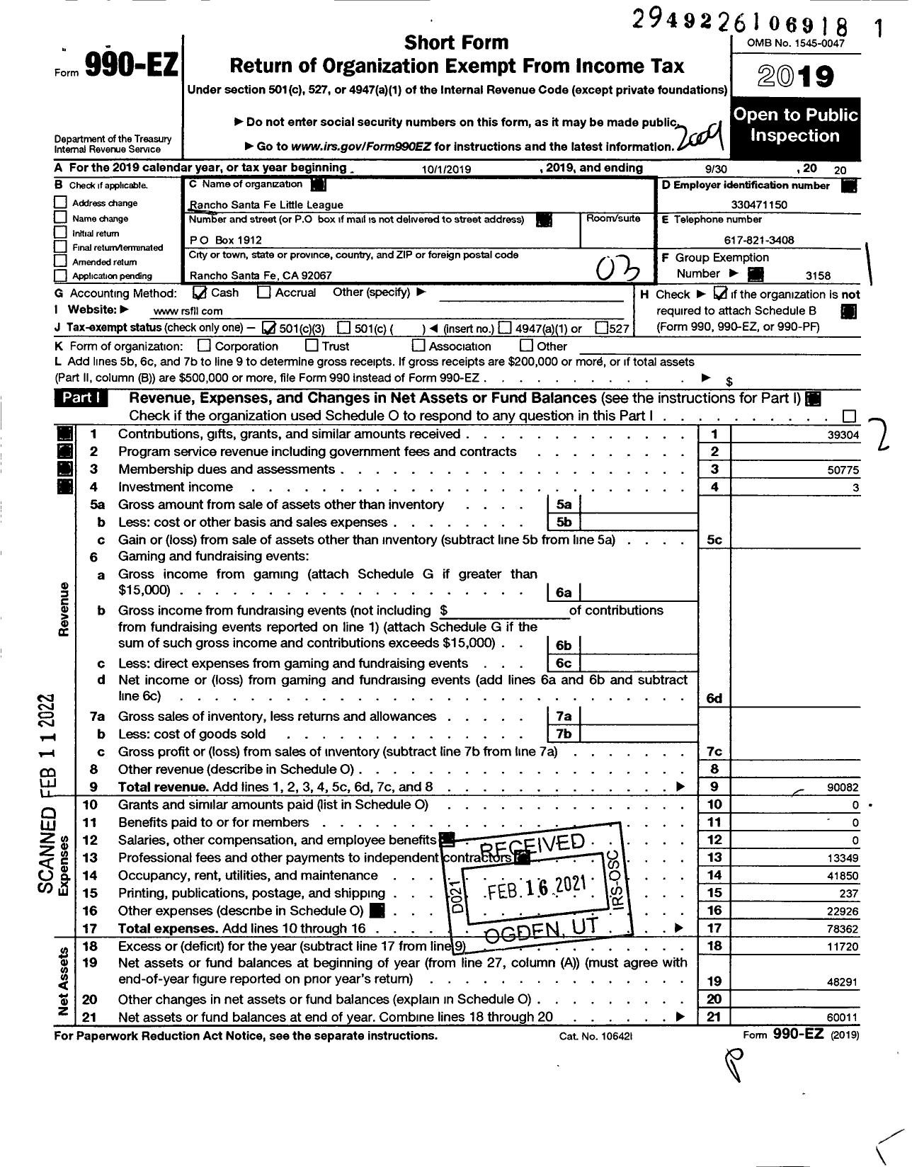 Image of first page of 2019 Form 990EZ for Little League Baseball - 4053113 Rancho Santa Fe LL