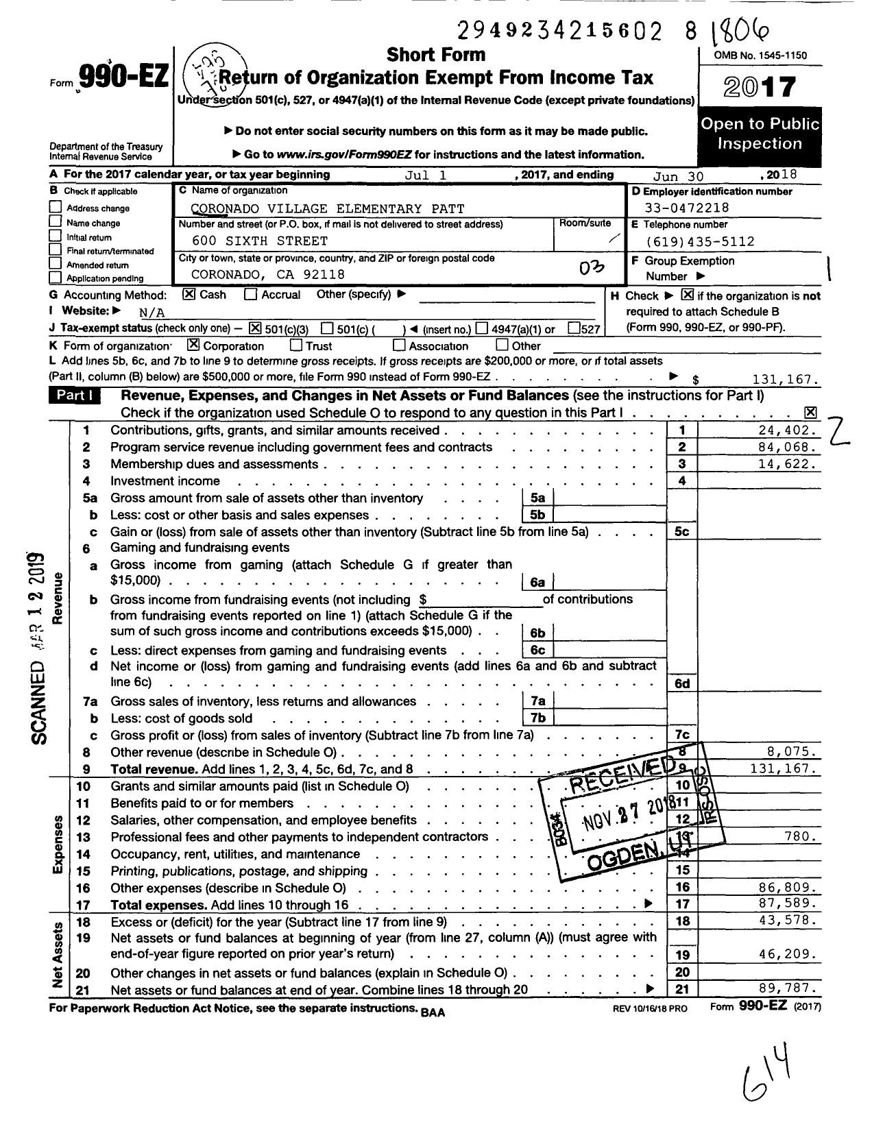 Image of first page of 2017 Form 990EZ for Coronado Village Elementary Patt