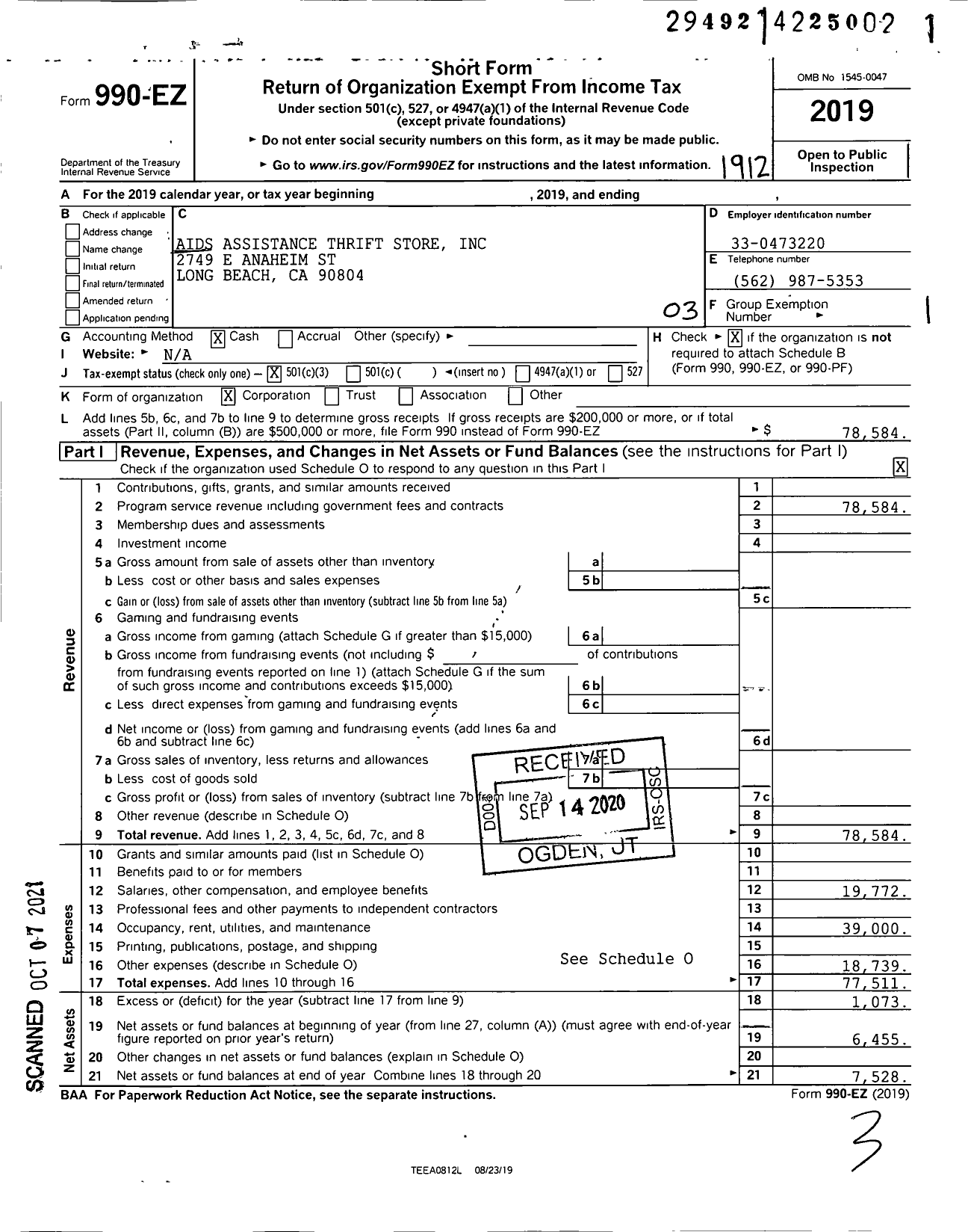 Image of first page of 2019 Form 990EZ for Aids Assistance Thrift Store