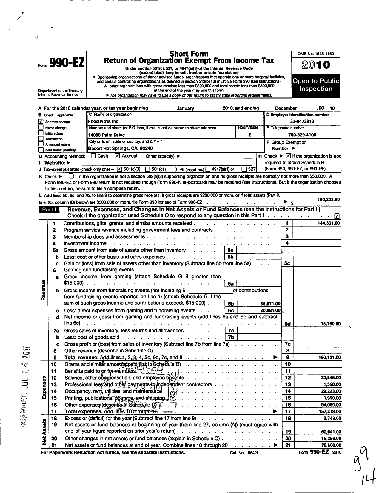 Image of first page of 2010 Form 990EZ for Food Now