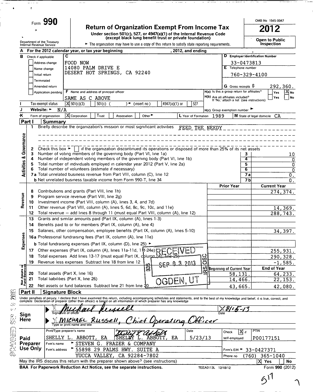 Image of first page of 2012 Form 990 for Food Now