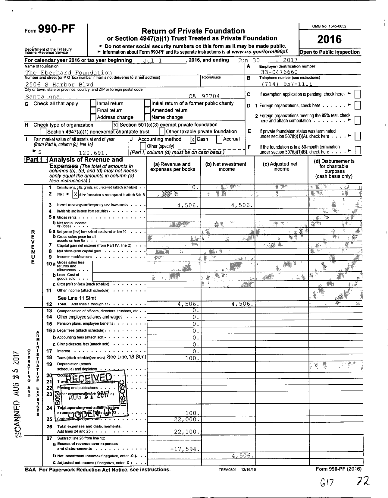Image of first page of 2016 Form 990PF for Eberhard Foundation