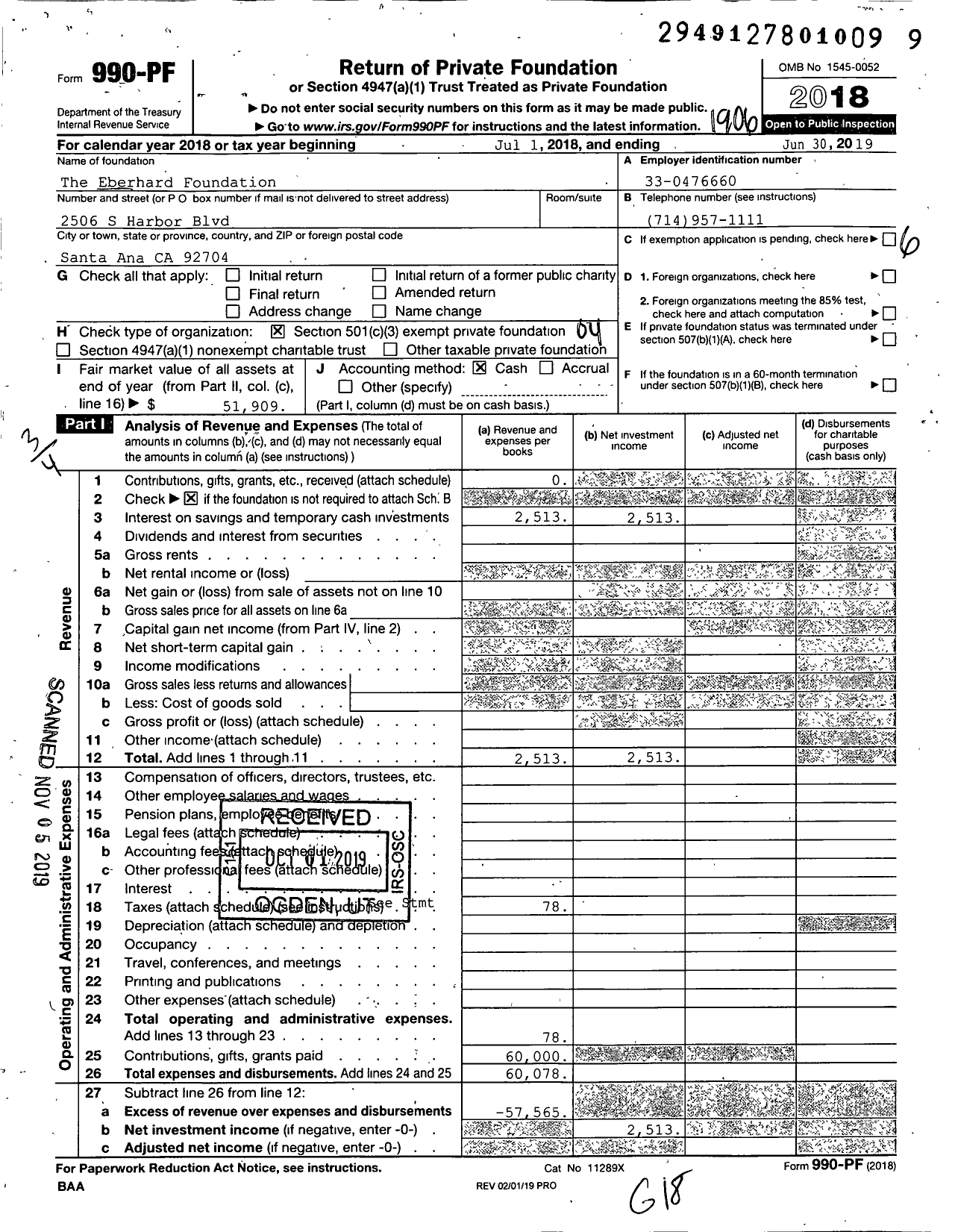 Image of first page of 2018 Form 990PF for Eberhard Foundation