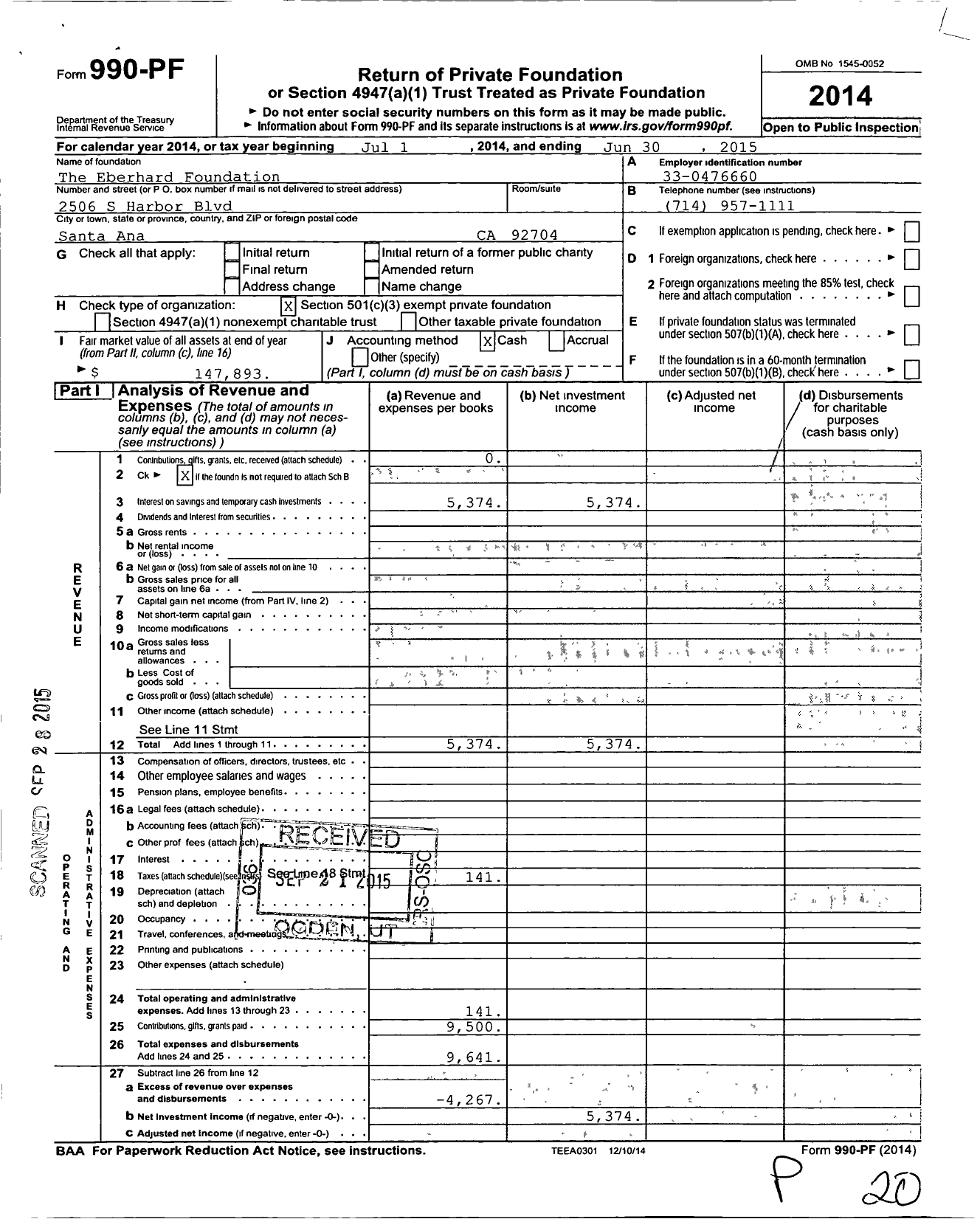 Image of first page of 2014 Form 990PF for Eberhard Foundation