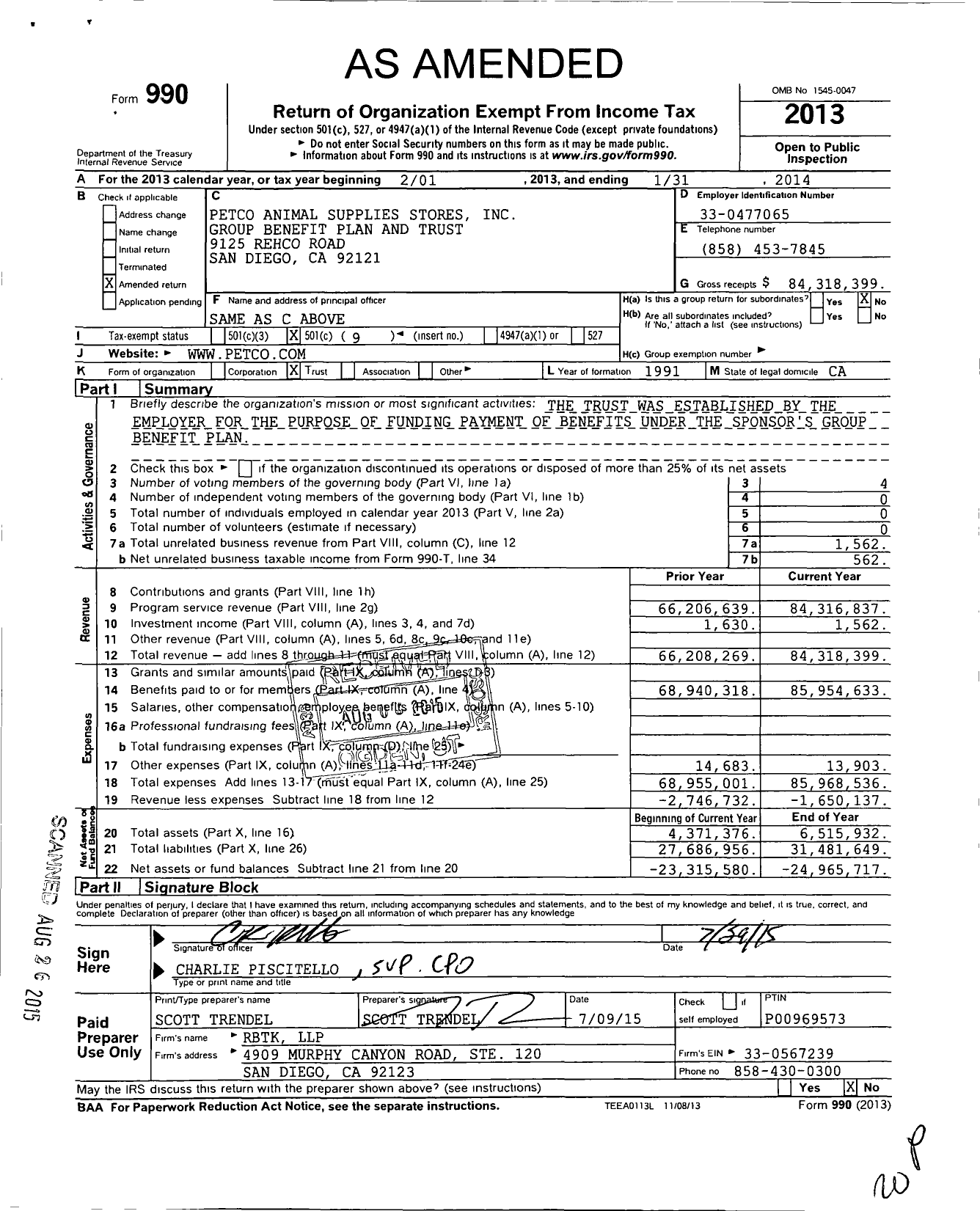 Image of first page of 2013 Form 990O for Petco Animal Supplies Stores Group Benefit Plan and Trust