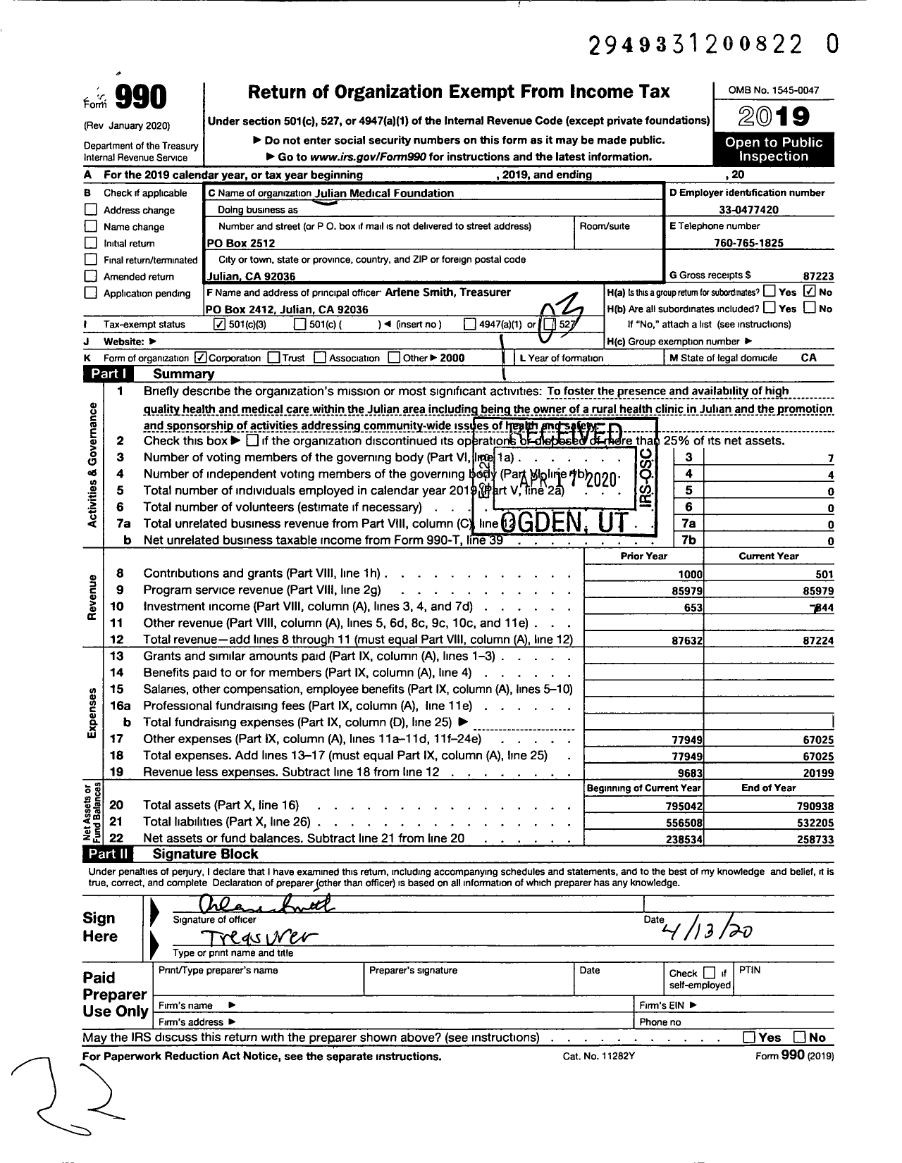 Image of first page of 2019 Form 990 for Julian Medical Foundation