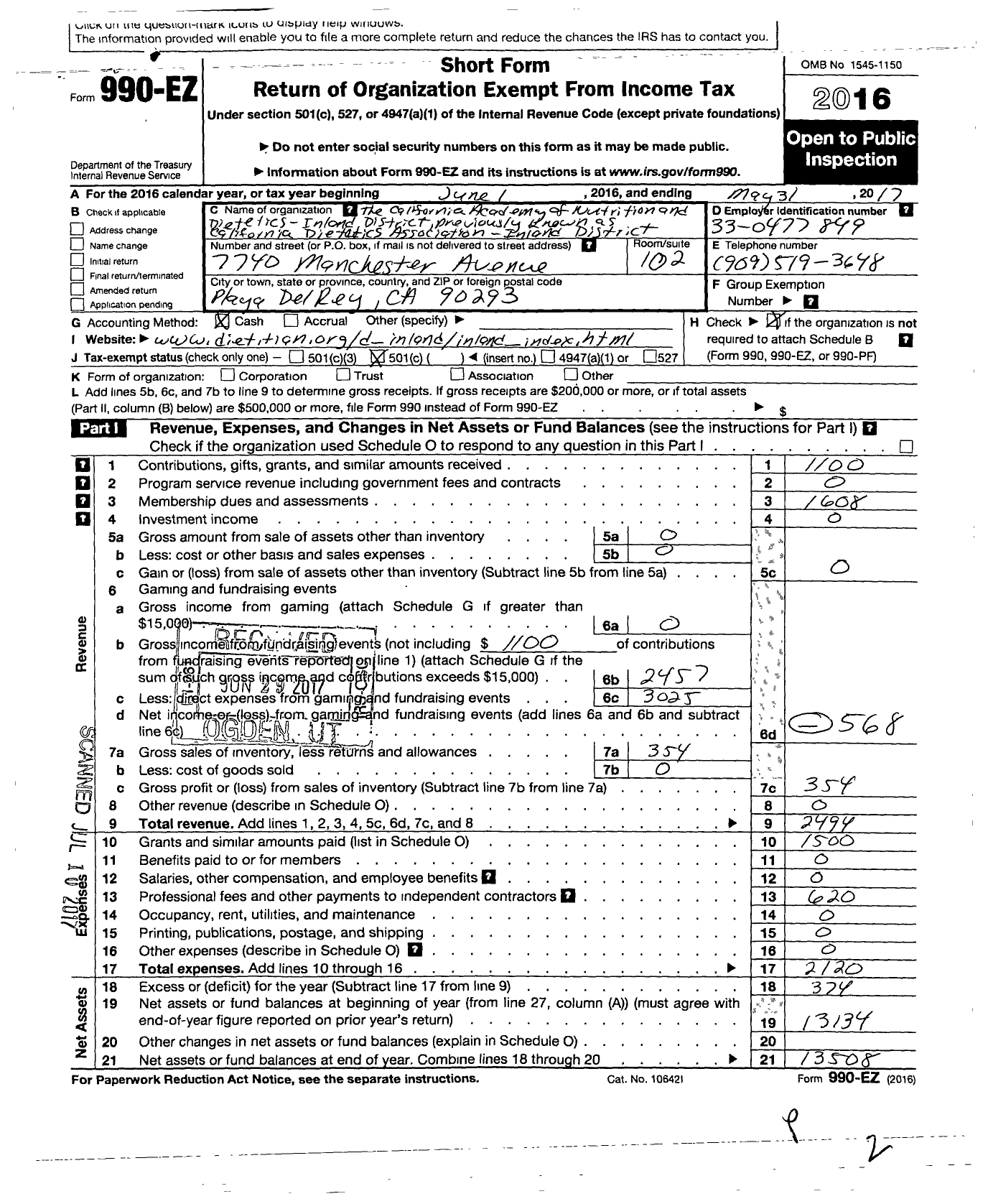 Image of first page of 2016 Form 990EO for California Academy of Nutrition and Dietetics Inland District