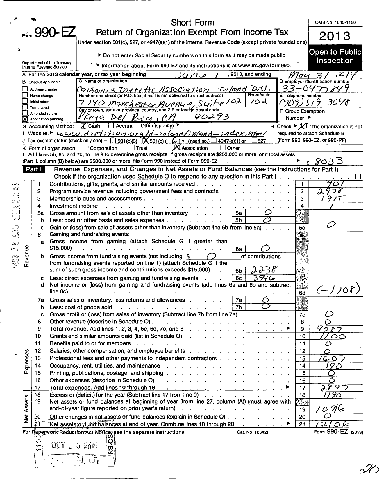 Image of first page of 2013 Form 990EO for California Academy of Nutrition and Dietetics Inland District