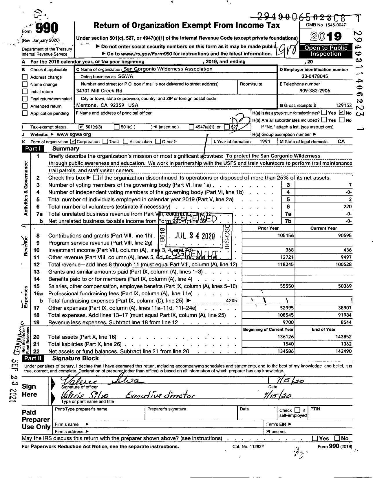 Image of first page of 2019 Form 990 for San Gorgonio Wilderness Association (SGWA)