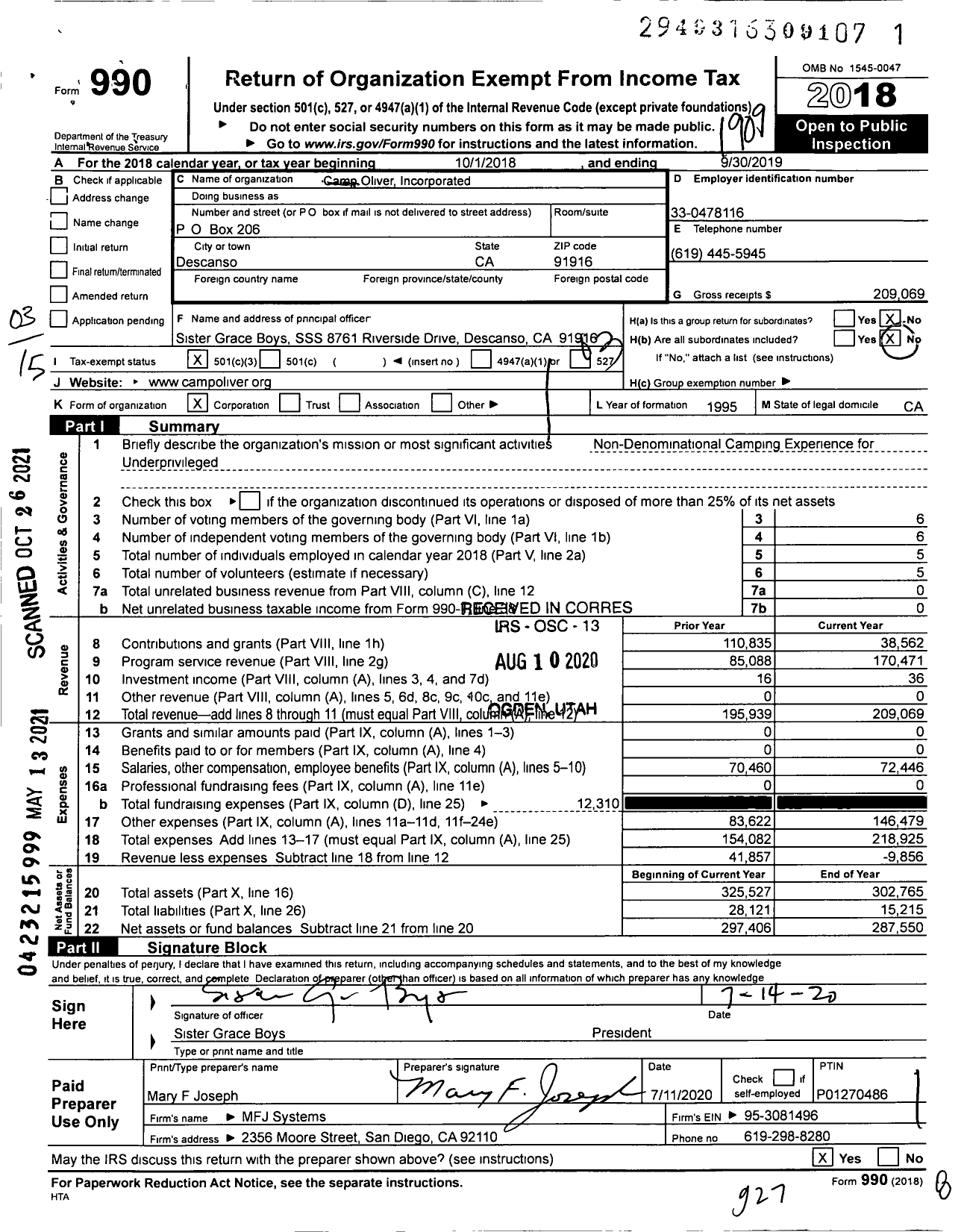 Image of first page of 2018 Form 990 for Camp Oliver Incorporated