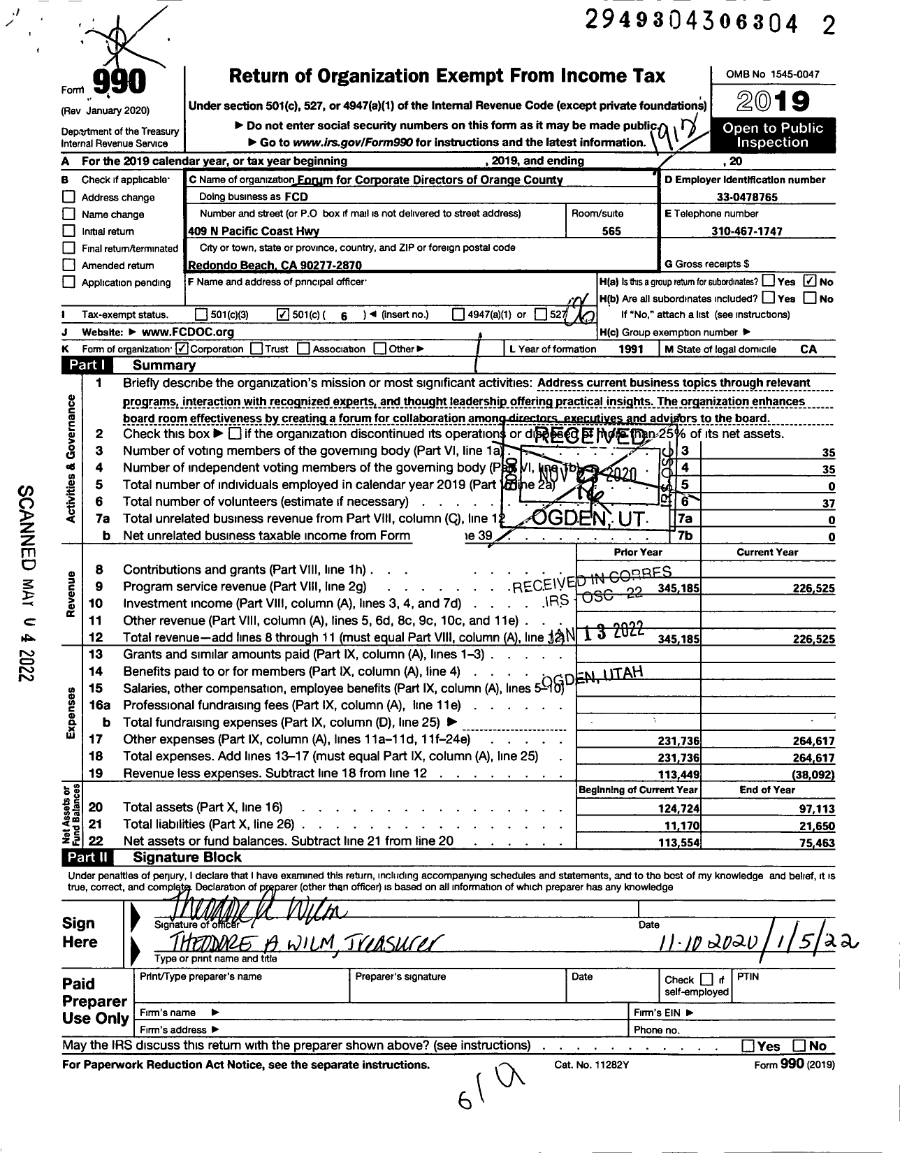 Image of first page of 2019 Form 990O for Forum for Corporate Directors of Orange County