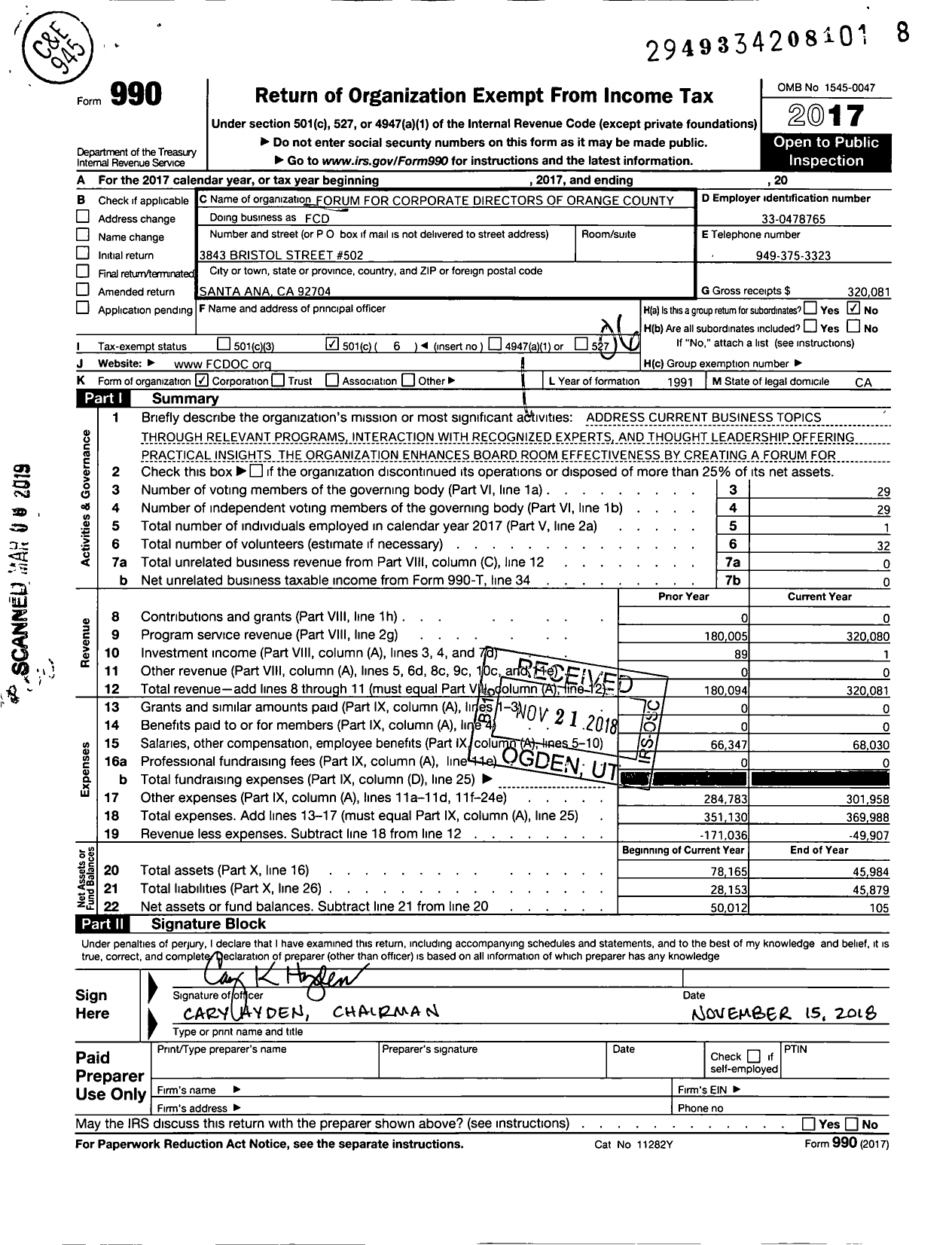 Image of first page of 2017 Form 990O for Forum for Corporate Directors of Orange County