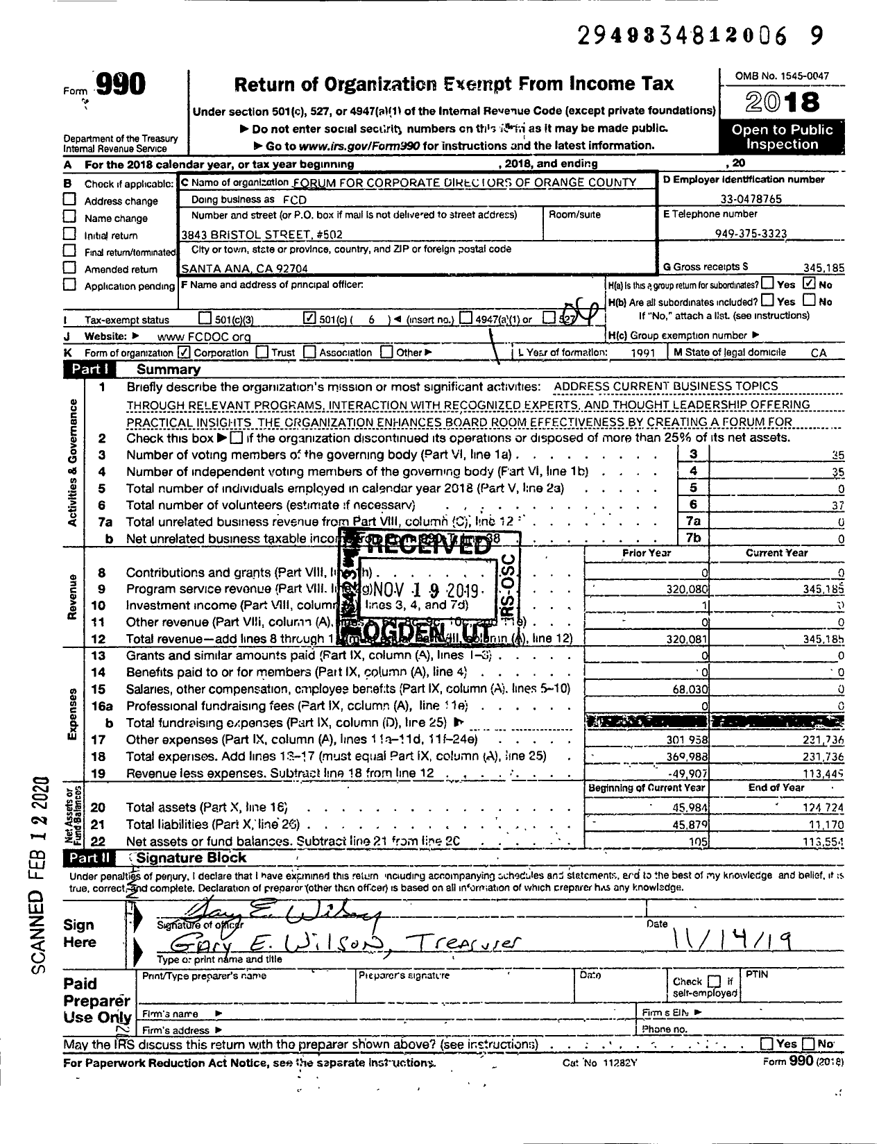 Image of first page of 2018 Form 990O for Forum for Corporate Directors of Orange County