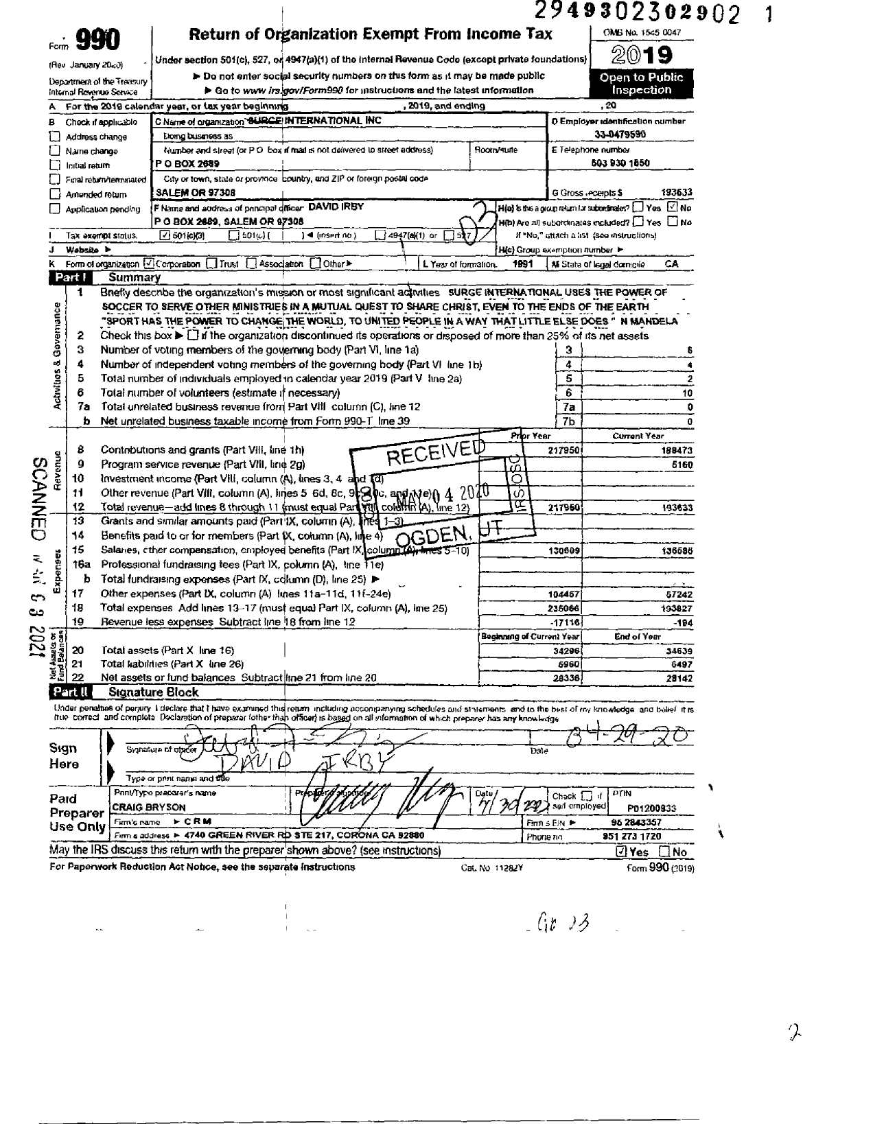 Image of first page of 2019 Form 990 for Surge International