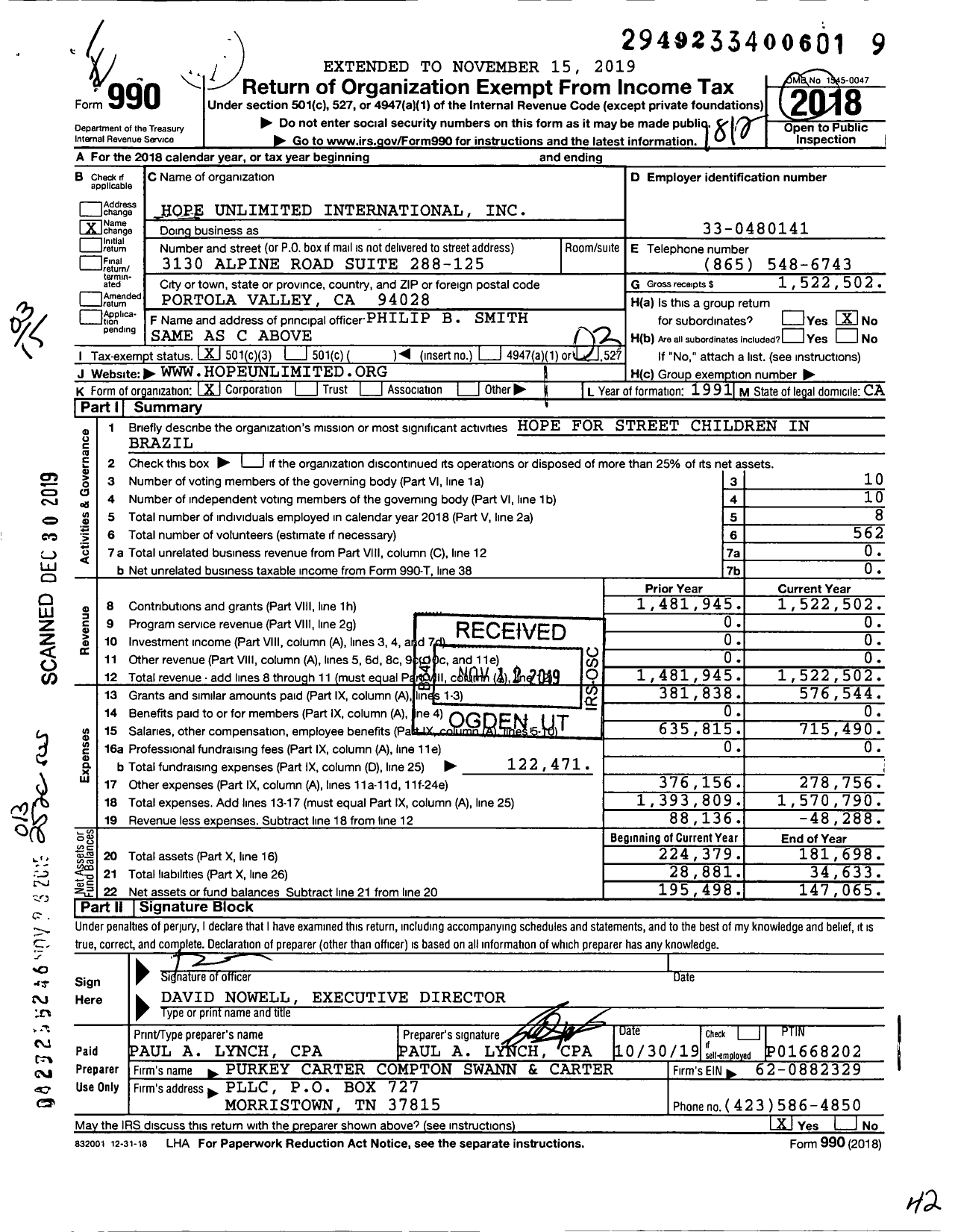 Image of first page of 2018 Form 990 for Hope Unlimited for Children