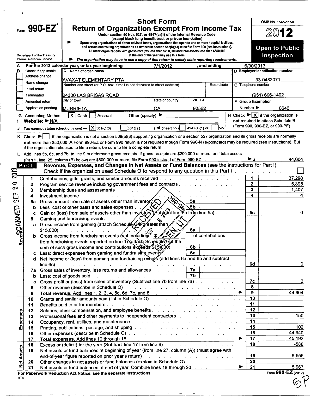 Image of first page of 2012 Form 990EZ for California State PTA - Avaxat Elementary PTA