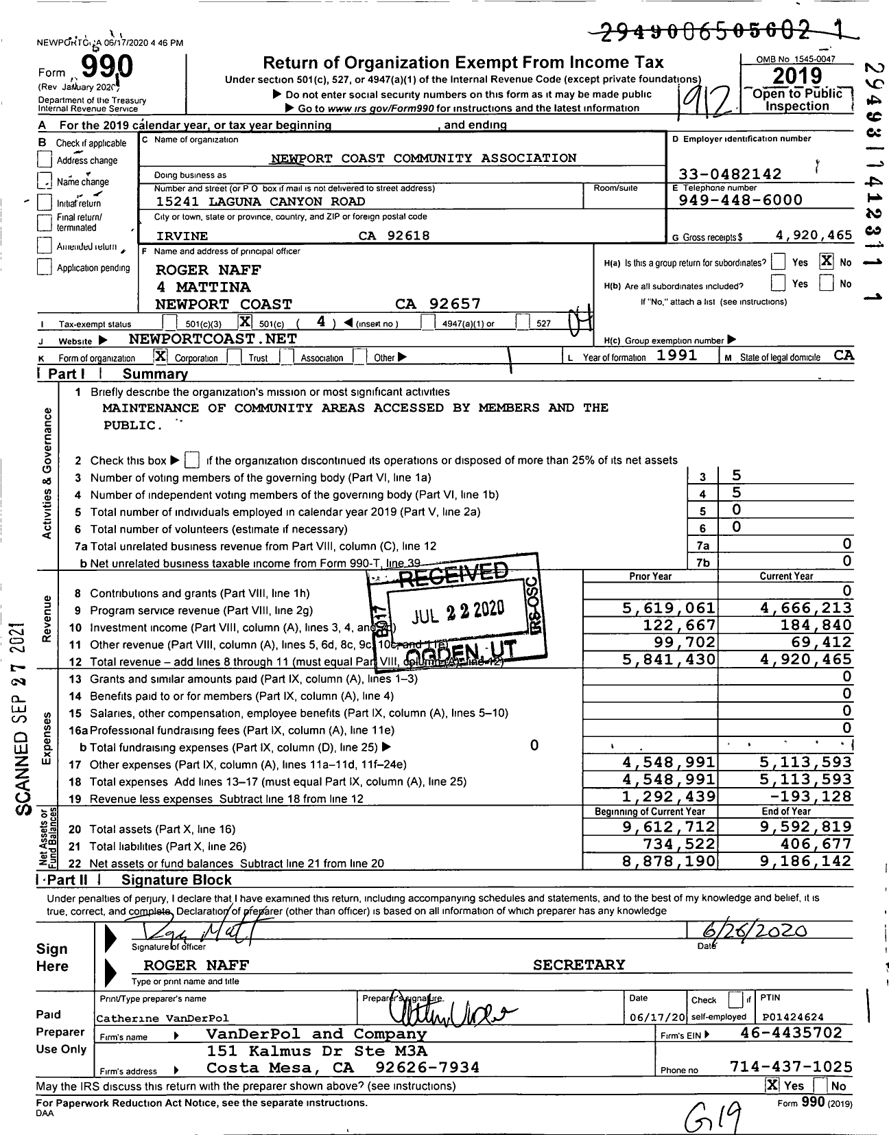 Image of first page of 2019 Form 990O for Newport Coast Community Association