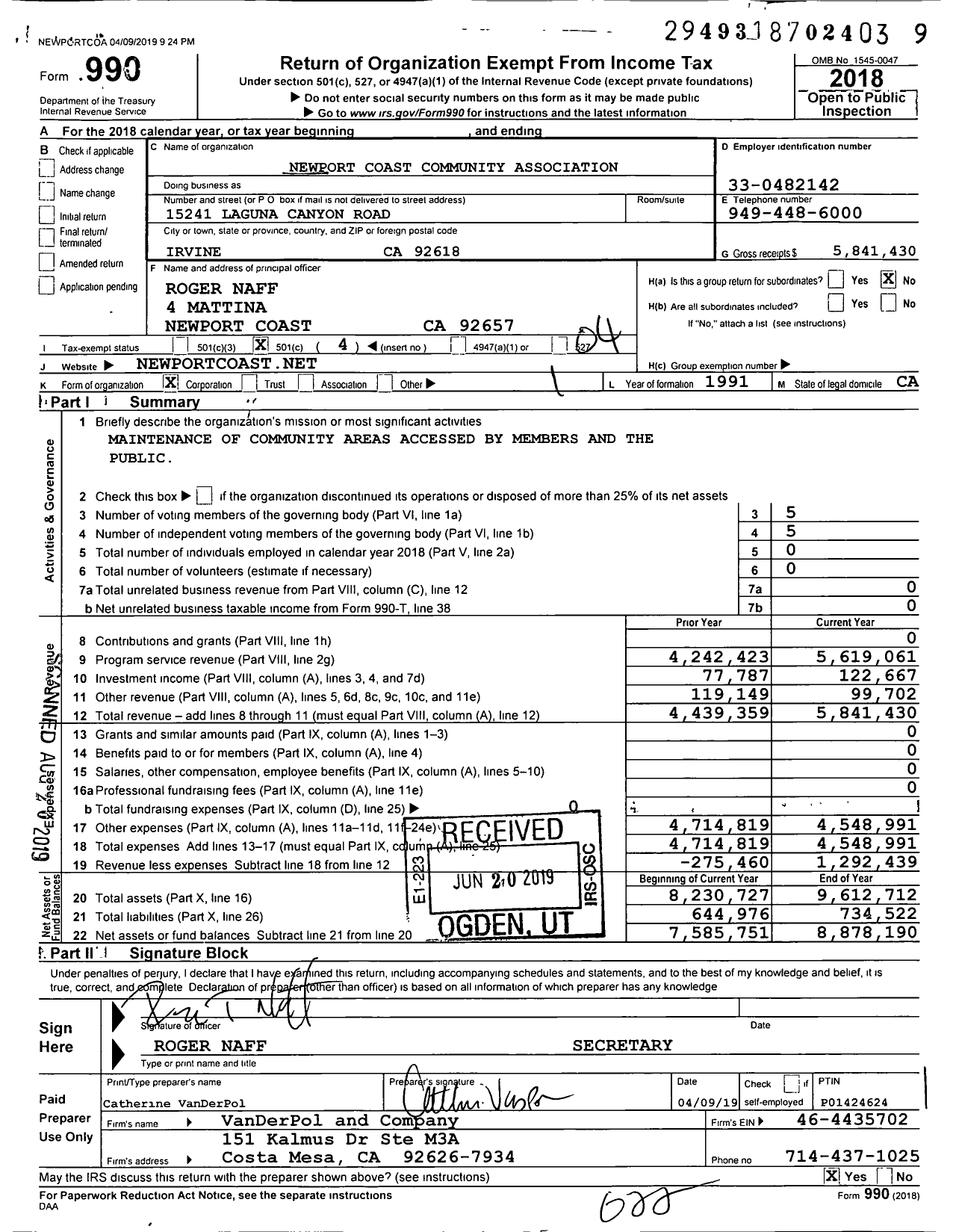 Image of first page of 2018 Form 990O for Newport Coast Community Association