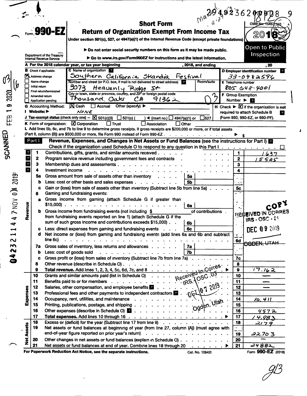 Image of first page of 2018 Form 990EZ for Southern California Skandia Festival