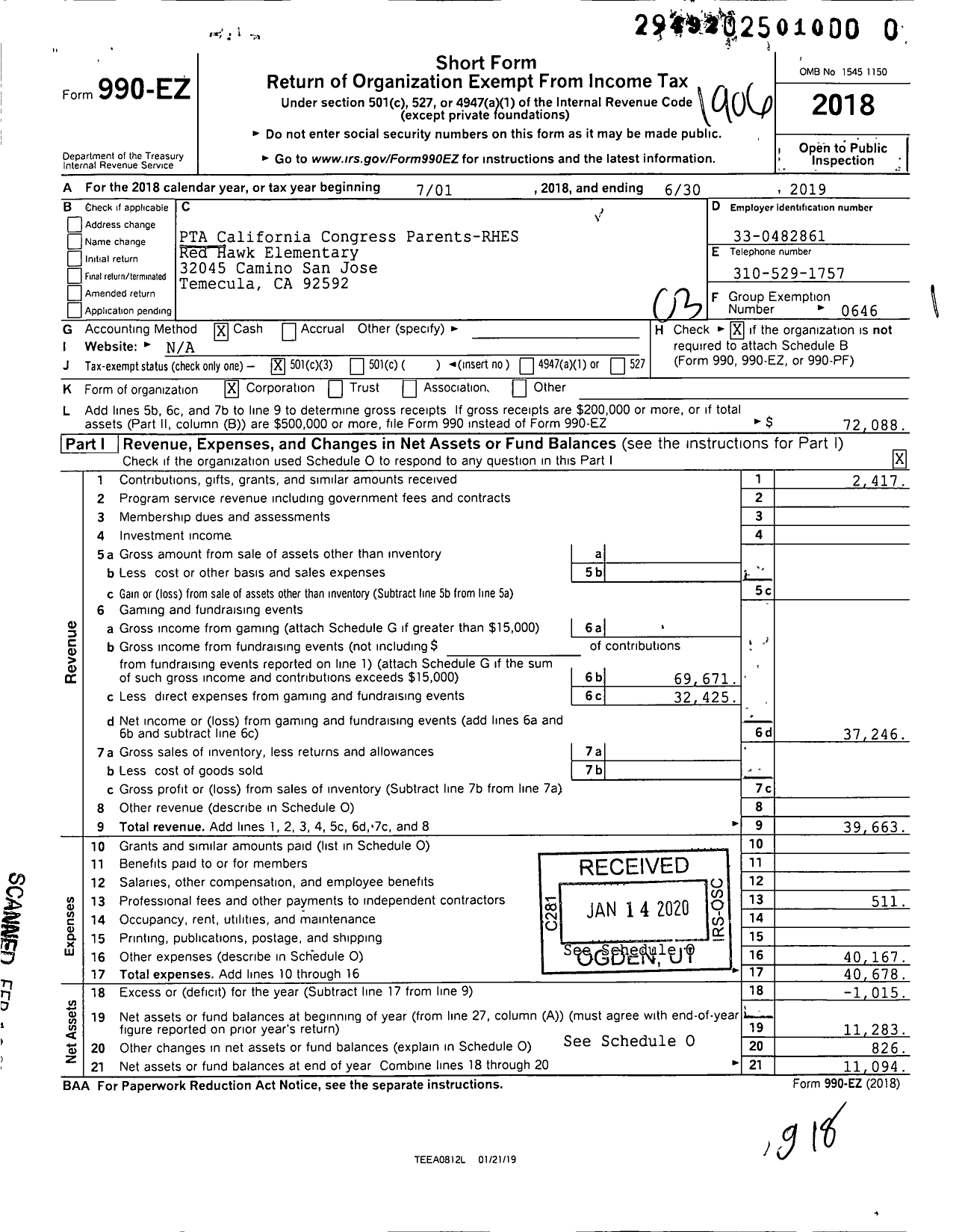 Image of first page of 2018 Form 990EZ for California State PTA - 4643 Red Hawk Elementary PTA