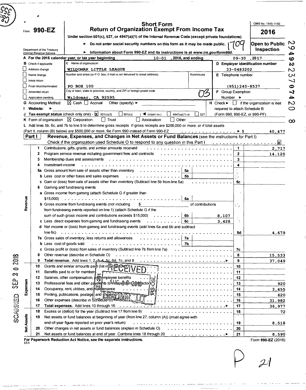 Image of first page of 2016 Form 990EZ for Wildomar Little League