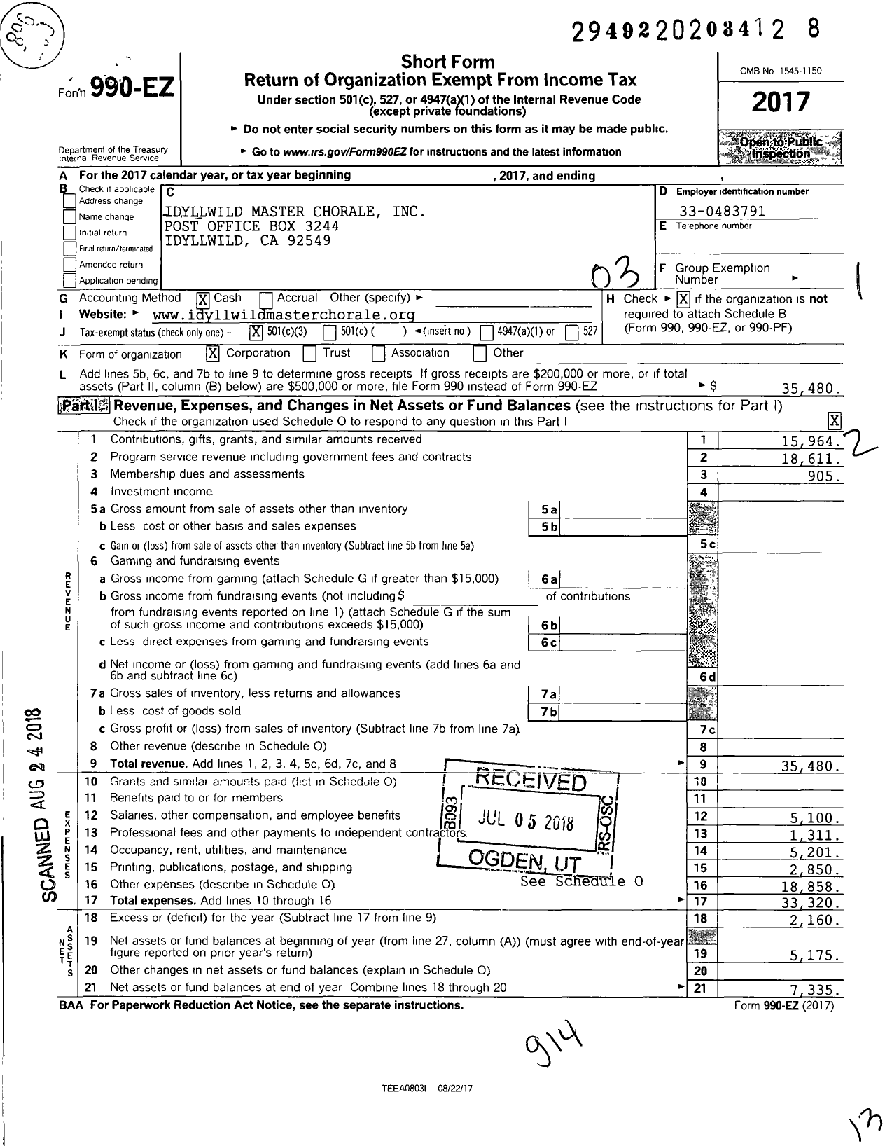 Image of first page of 2017 Form 990EZ for Idyllwild Master Chorale