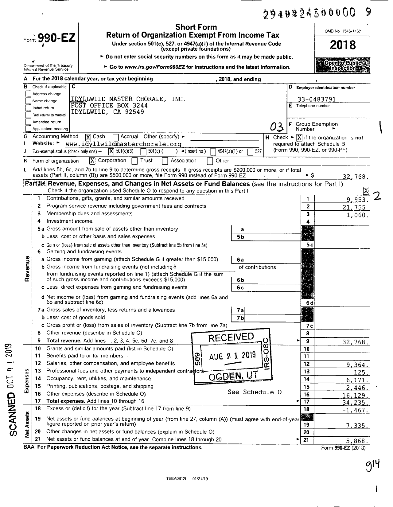 Image of first page of 2018 Form 990EZ for Idyllwild Master Chorale