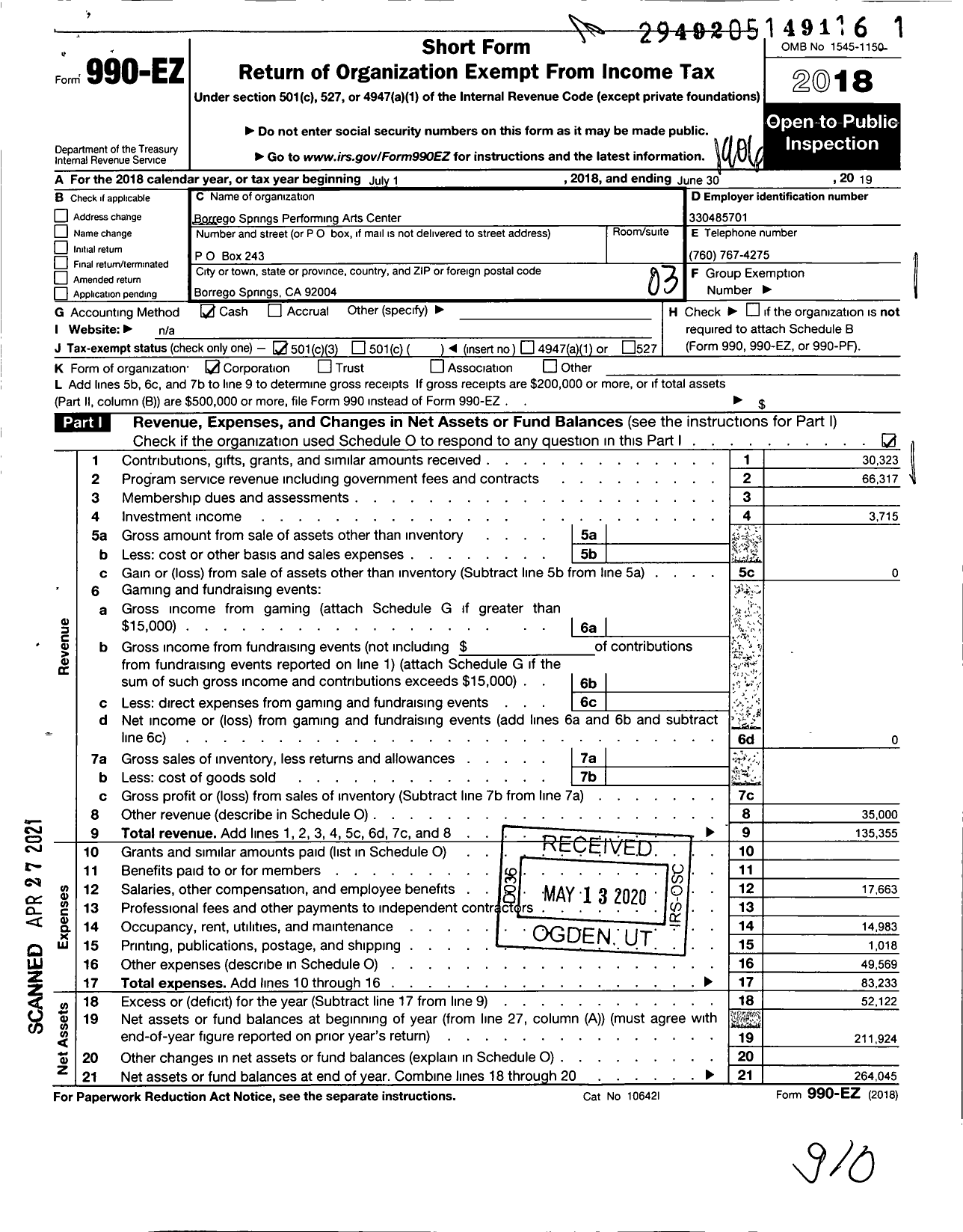 Image of first page of 2018 Form 990EZ for Borrego Springs Performing Arts Center