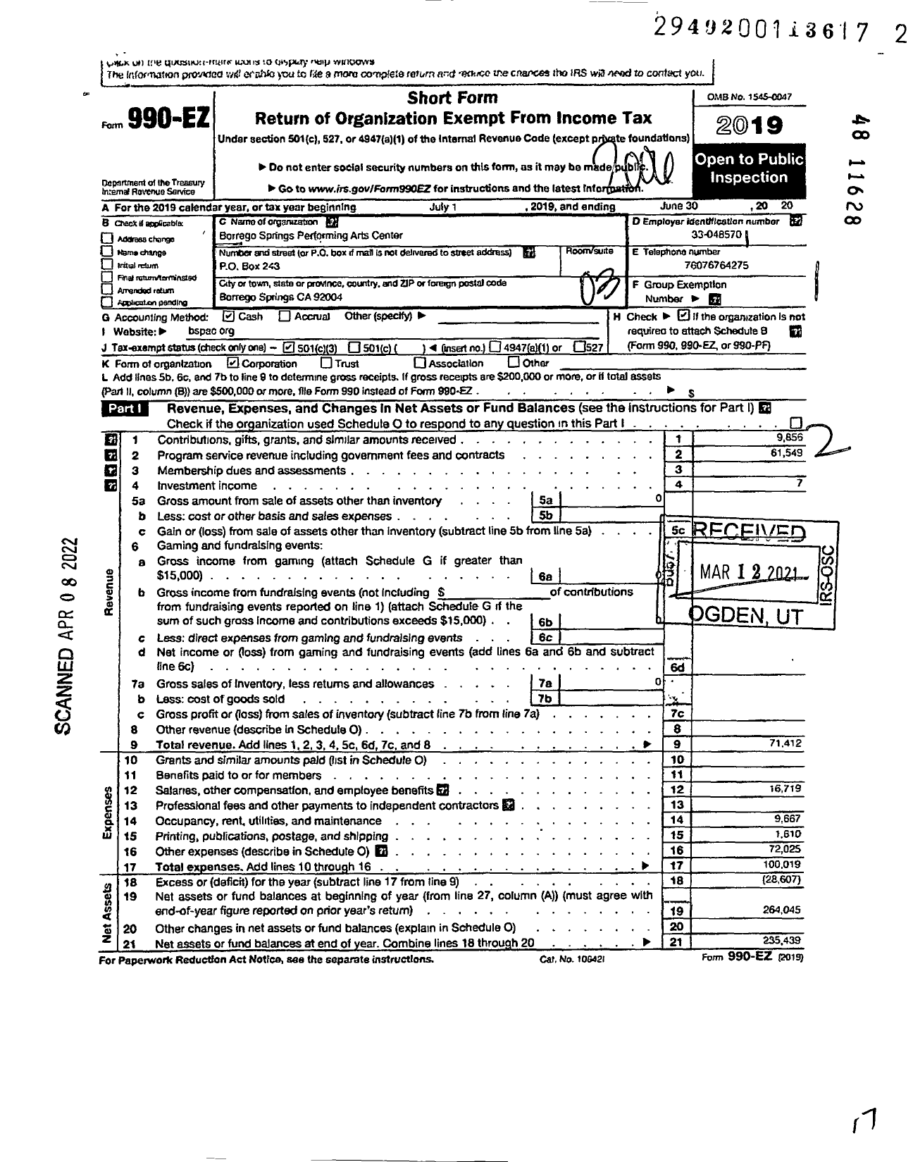 Image of first page of 2019 Form 990EZ for Borrego Springs Performing Arts Center