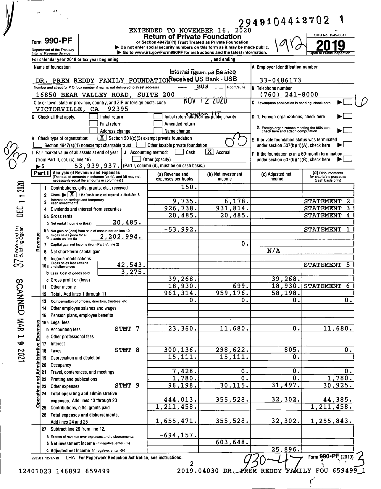 Image of first page of 2019 Form 990PF for Dr Prem Reddy Family Foundation