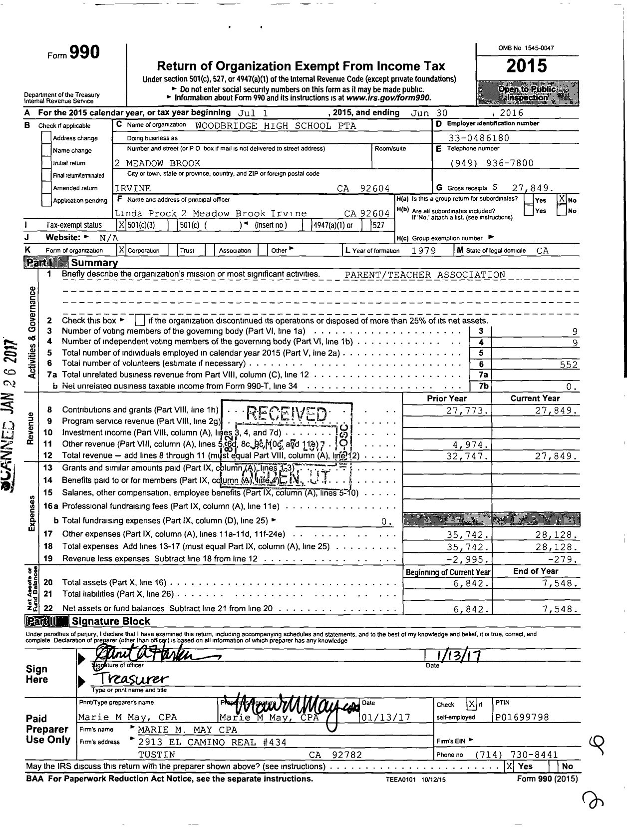 Image of first page of 2015 Form 990 for California State PTA - 4408 Woodbridge High Ptsa