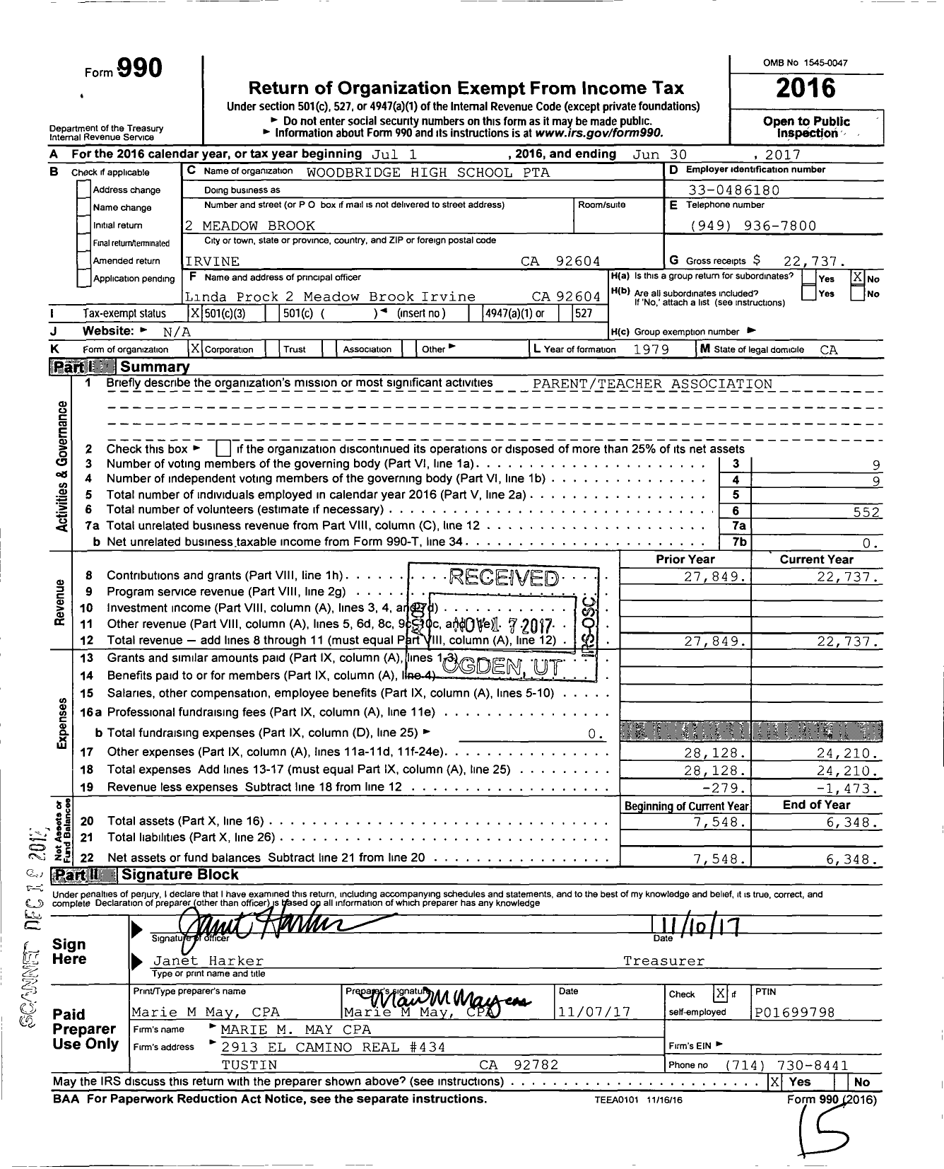 Image of first page of 2016 Form 990 for California State PTA - 4408 Woodbridge High Ptsa