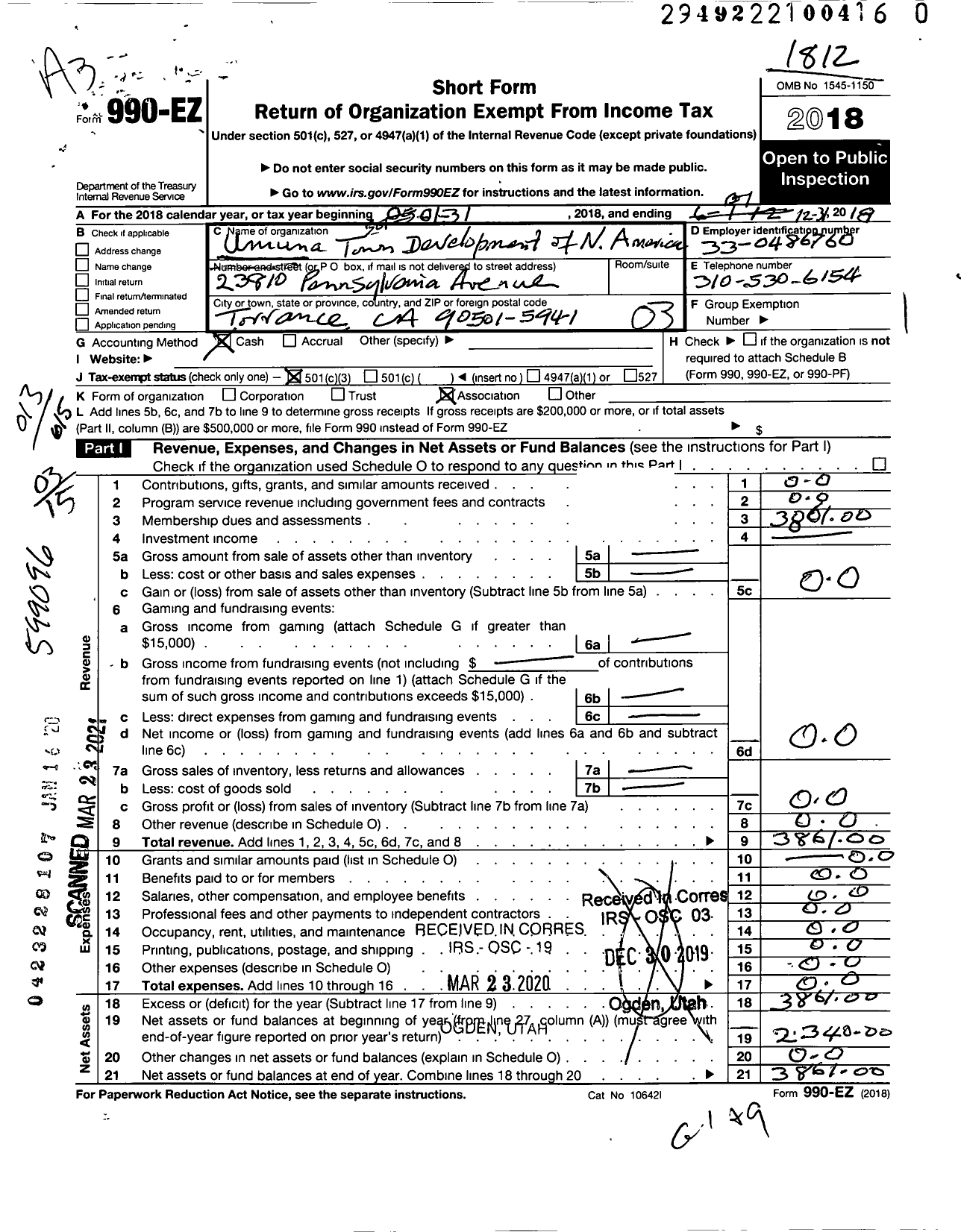 Image of first page of 2018 Form 990EZ for Umuna Town Development of North America