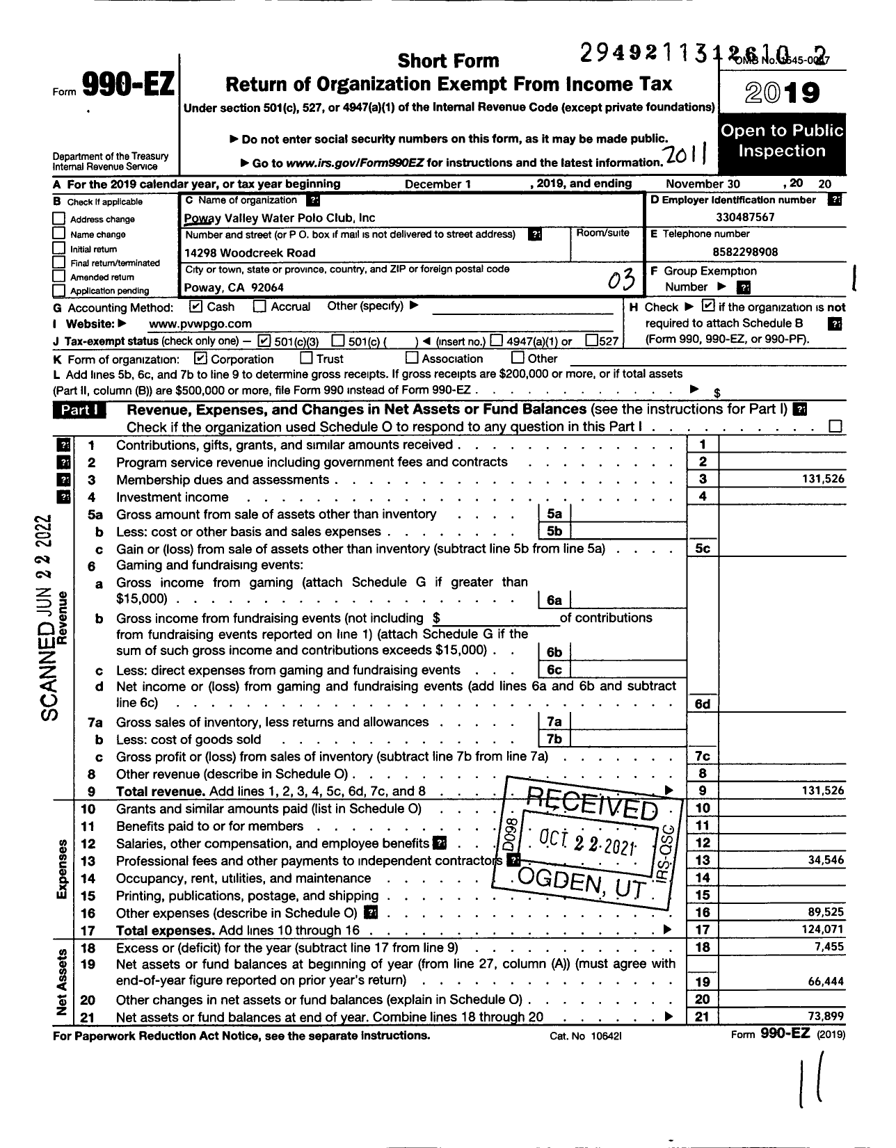 Image of first page of 2019 Form 990EZ for Poway Valley Water Polo Club