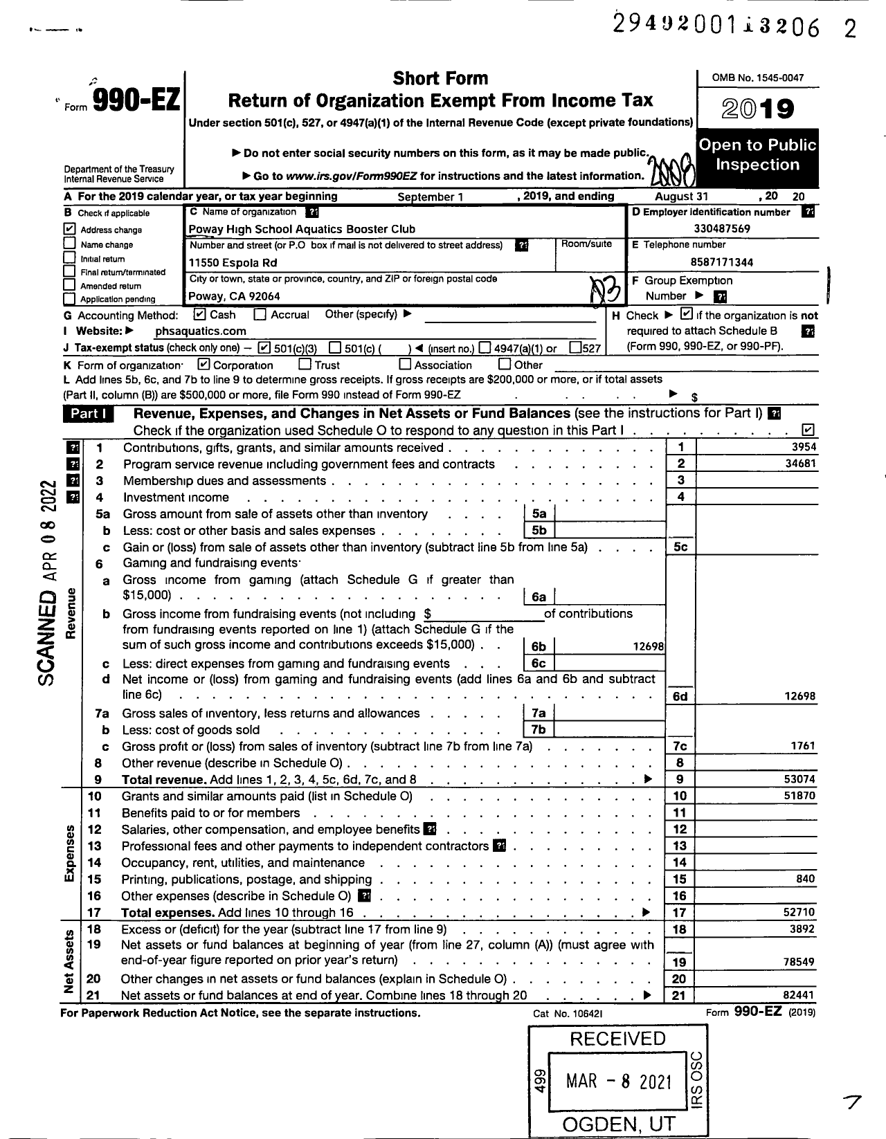 Image of first page of 2019 Form 990EZ for Poway High School Aquatics Booster