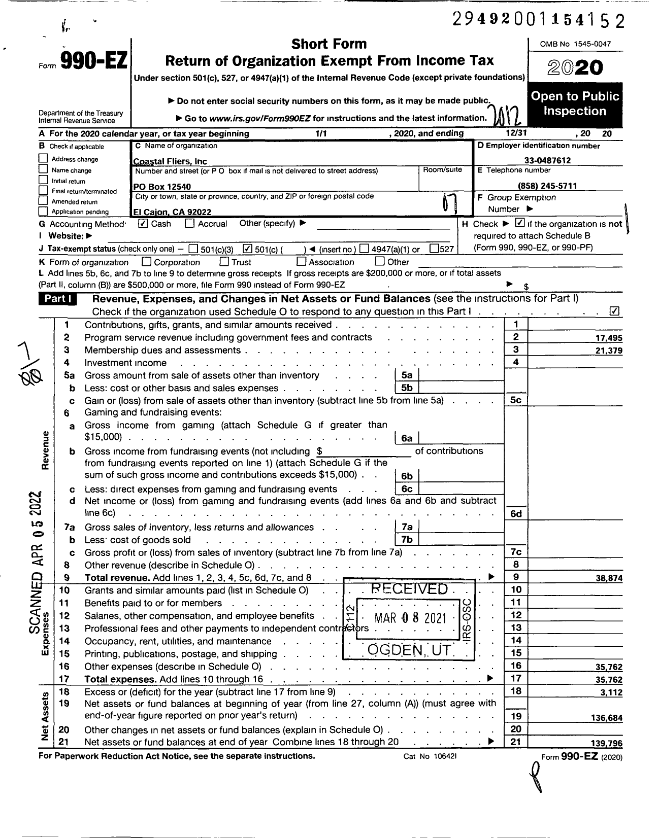 Image of first page of 2020 Form 990EO for Coastal Fliers