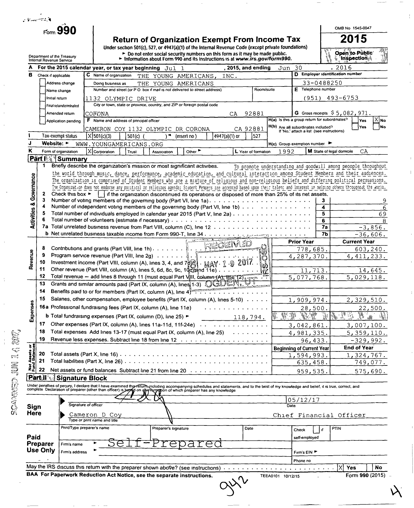 Image of first page of 2015 Form 990 for The Young Americans