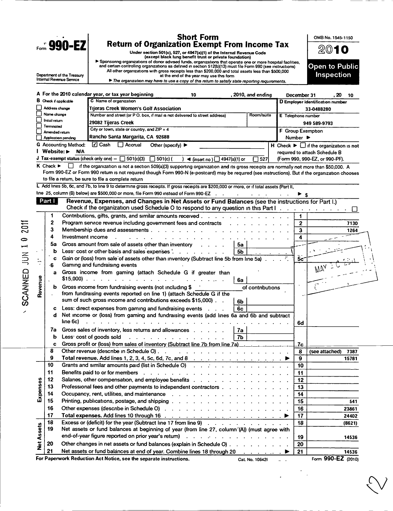 Image of first page of 2010 Form 990EO for Tijeras Creek Womens Golf Association