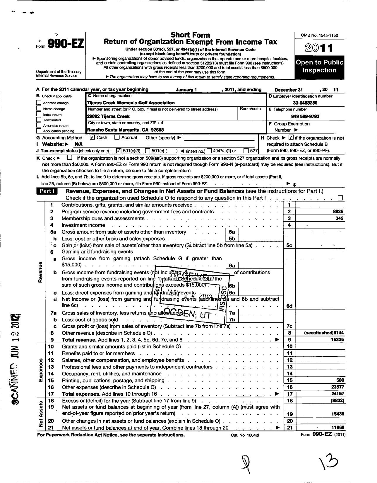 Image of first page of 2011 Form 990EZ for Tijeras Creek Womens Golf Association