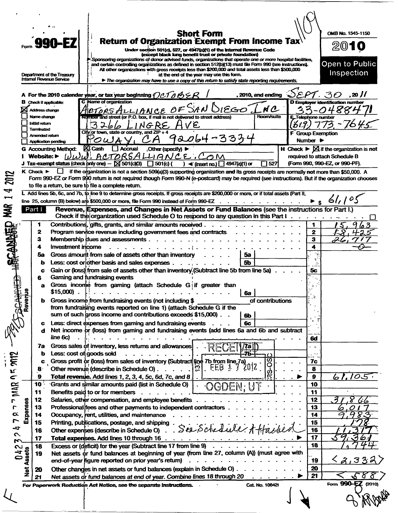 Image of first page of 2010 Form 990EZ for Actors Alliance of San Diego