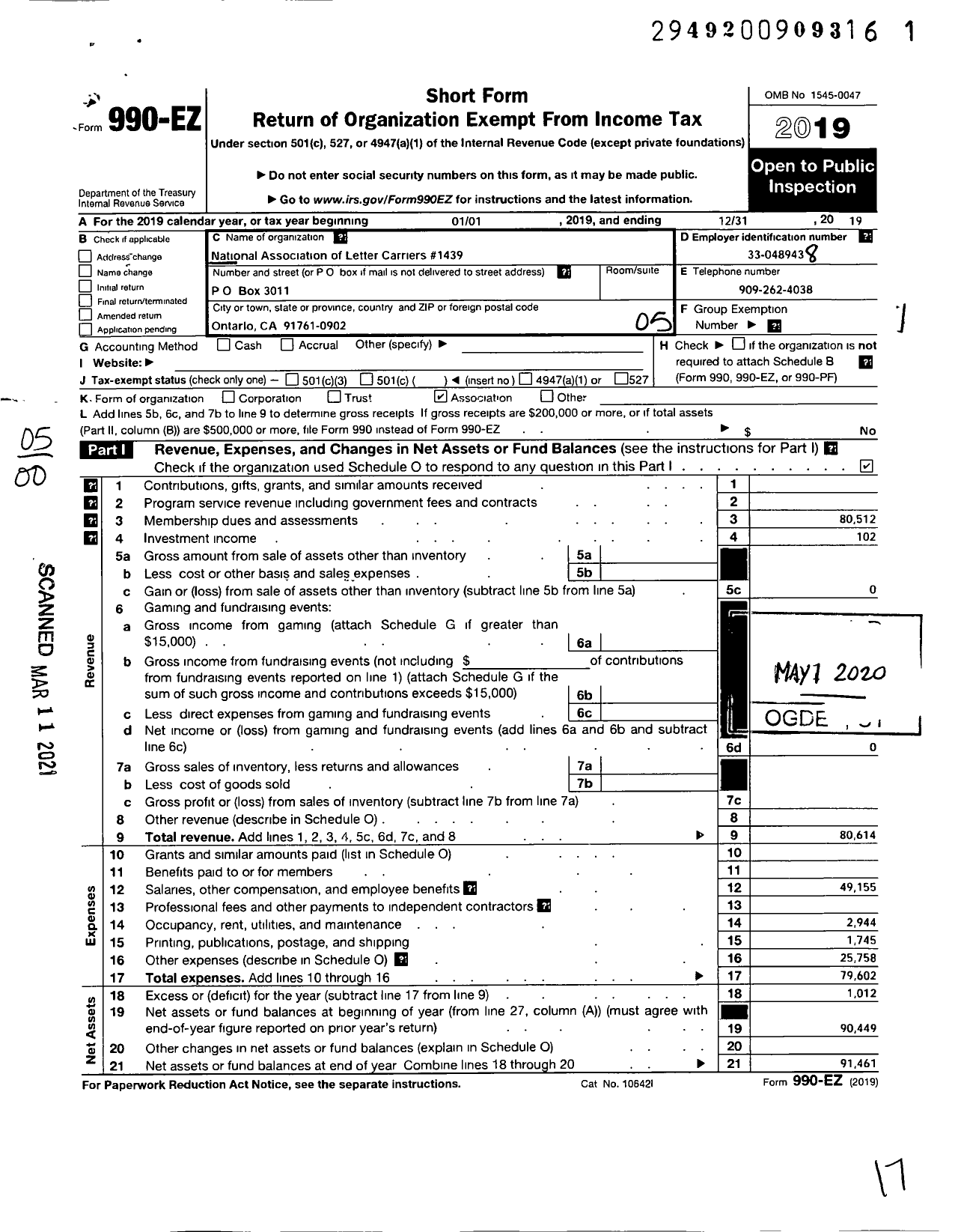 Image of first page of 2019 Form 990EO for National Association of Letter Carriers - 1439 Branch